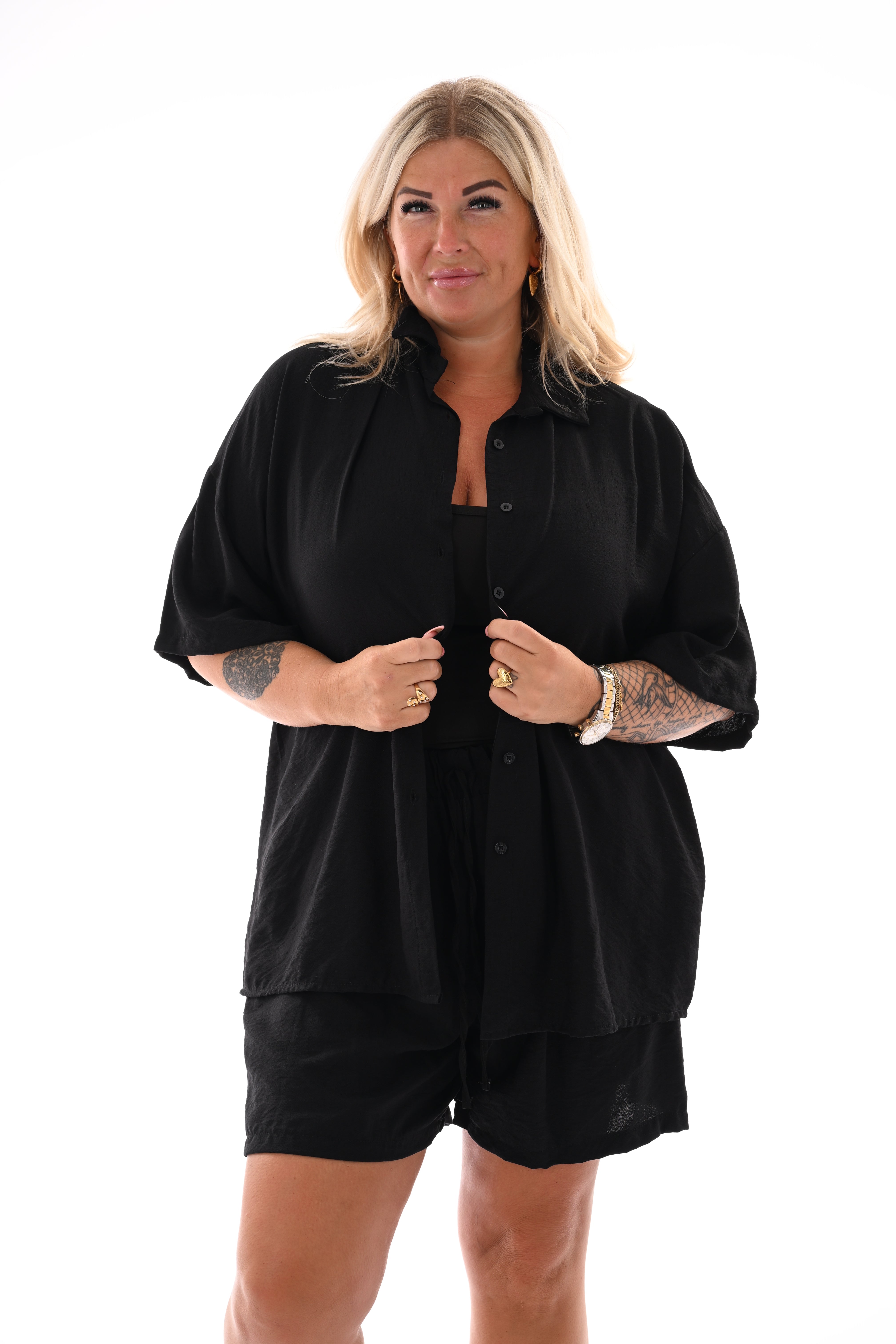 Twinset met wijde blouse uni zwart