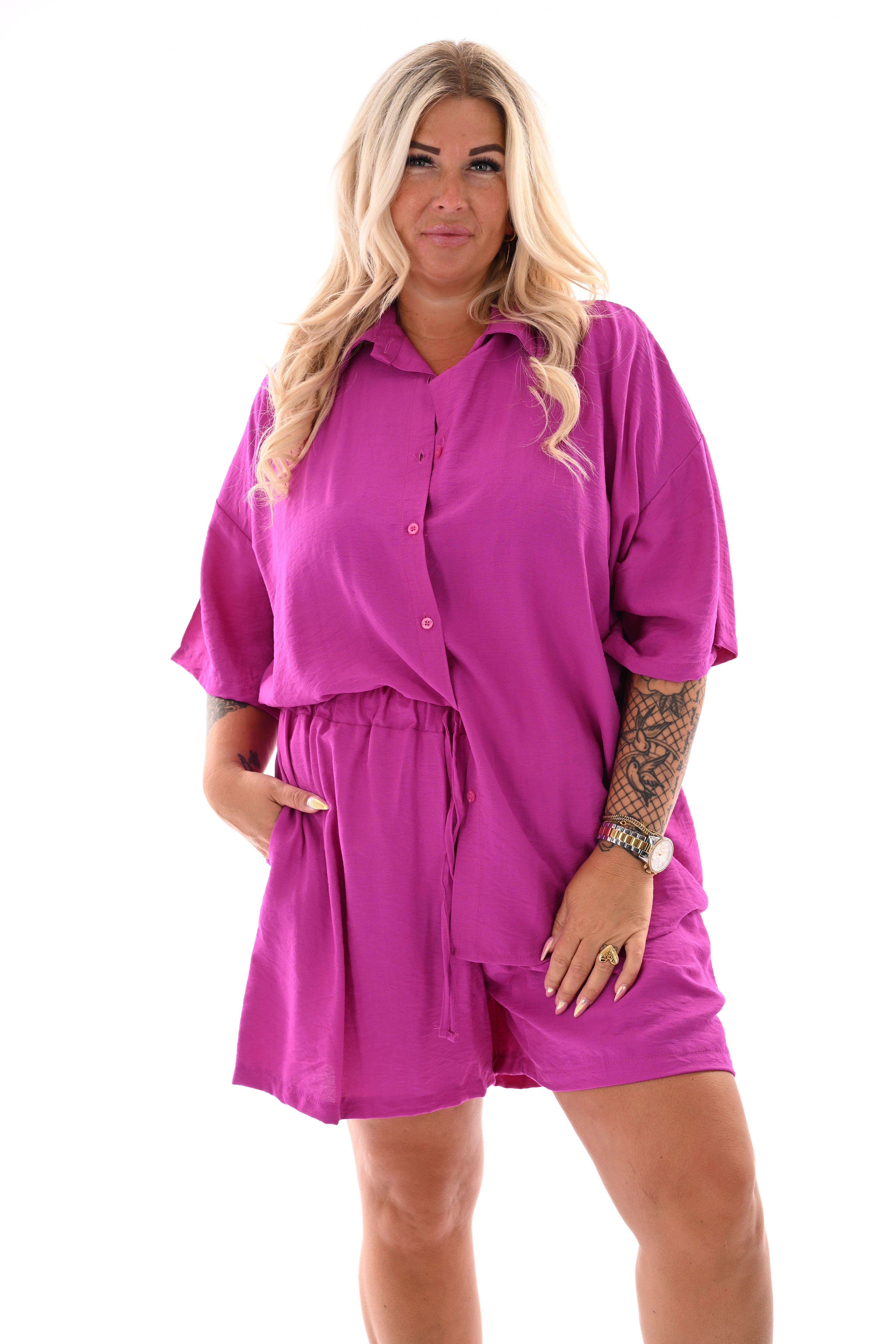 Twinset met wijde blouse uni magenta