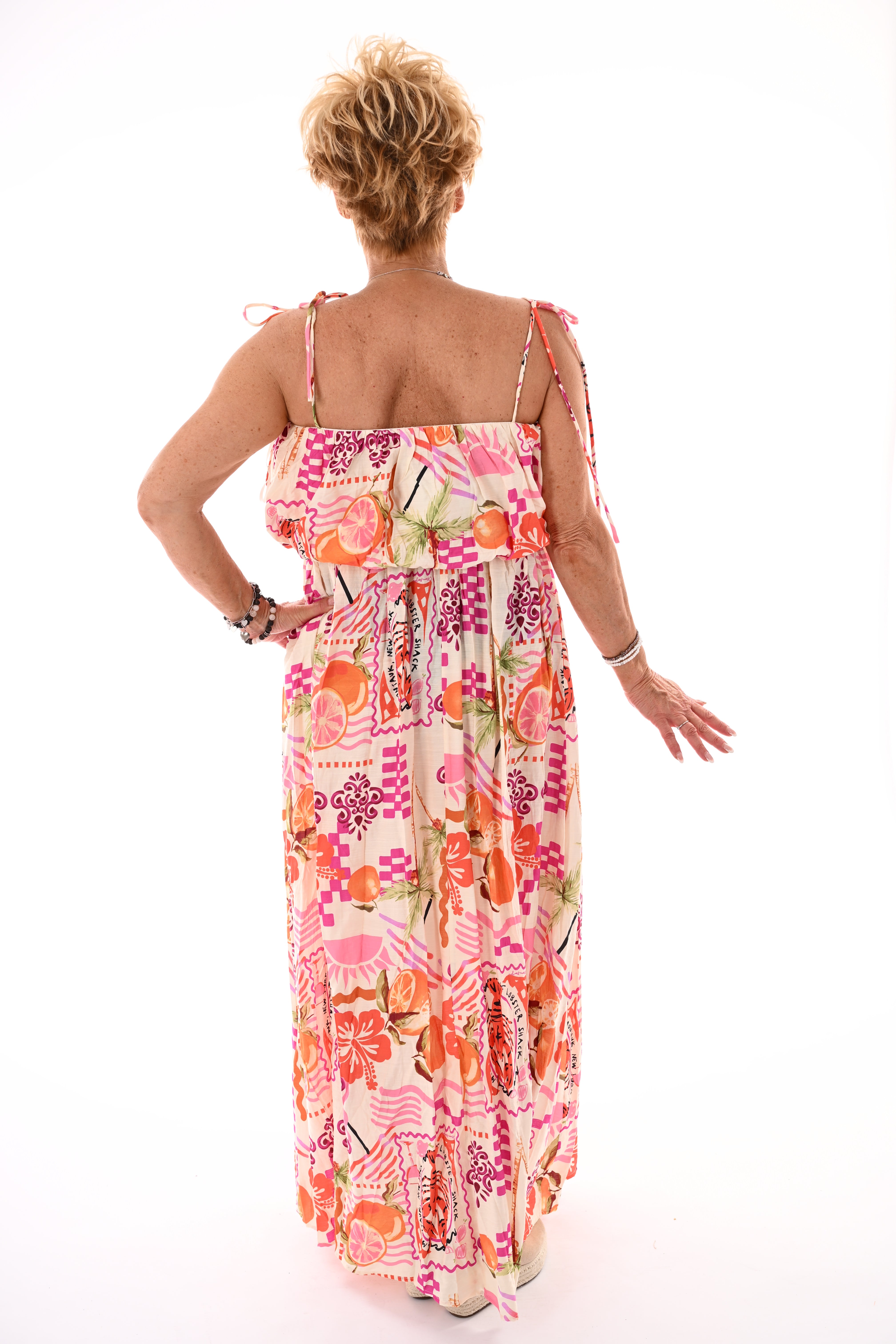 Jurk off-shoulder multi print fuchsia/oranje