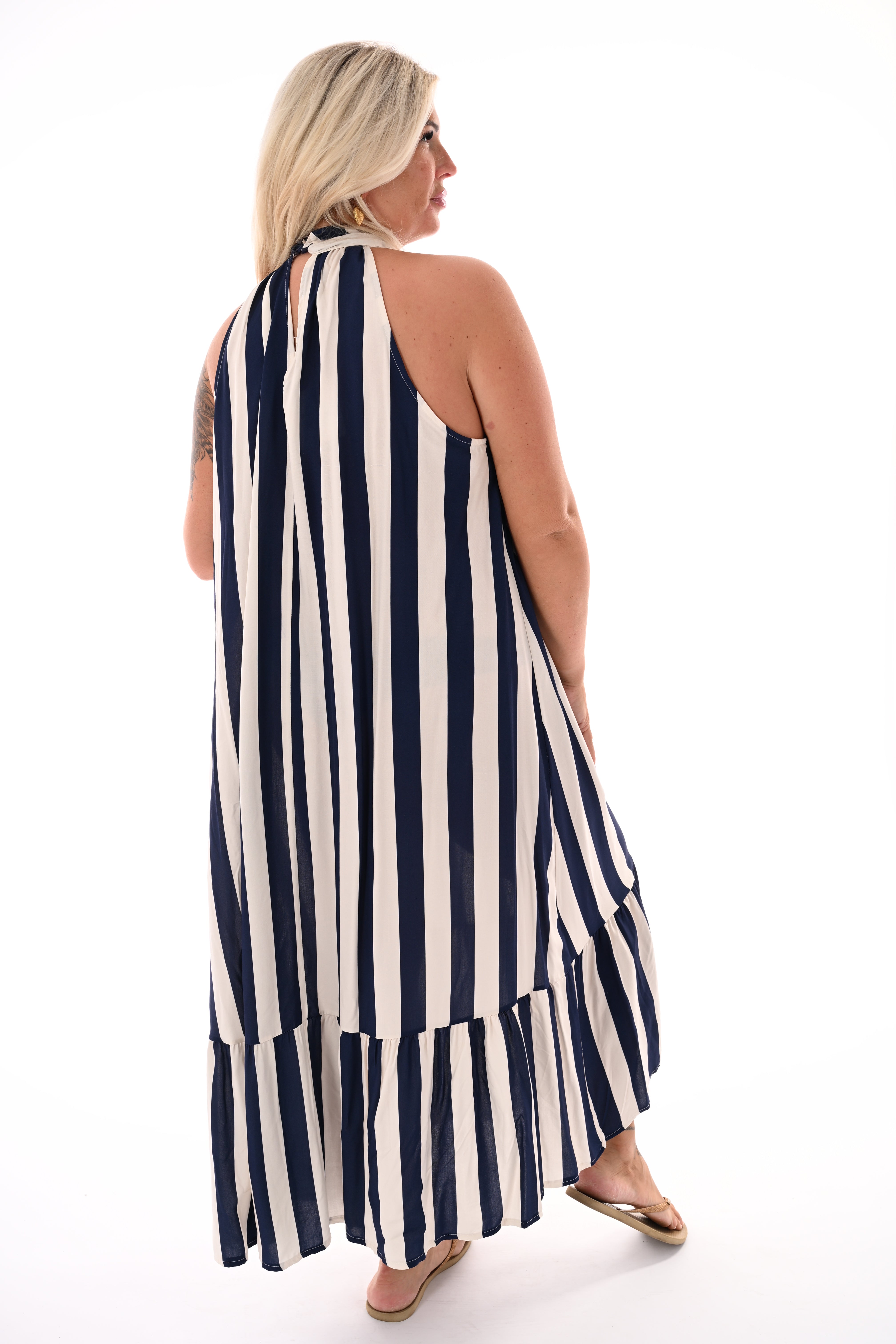 Lange halter jurk met strepen creme/marineblauw