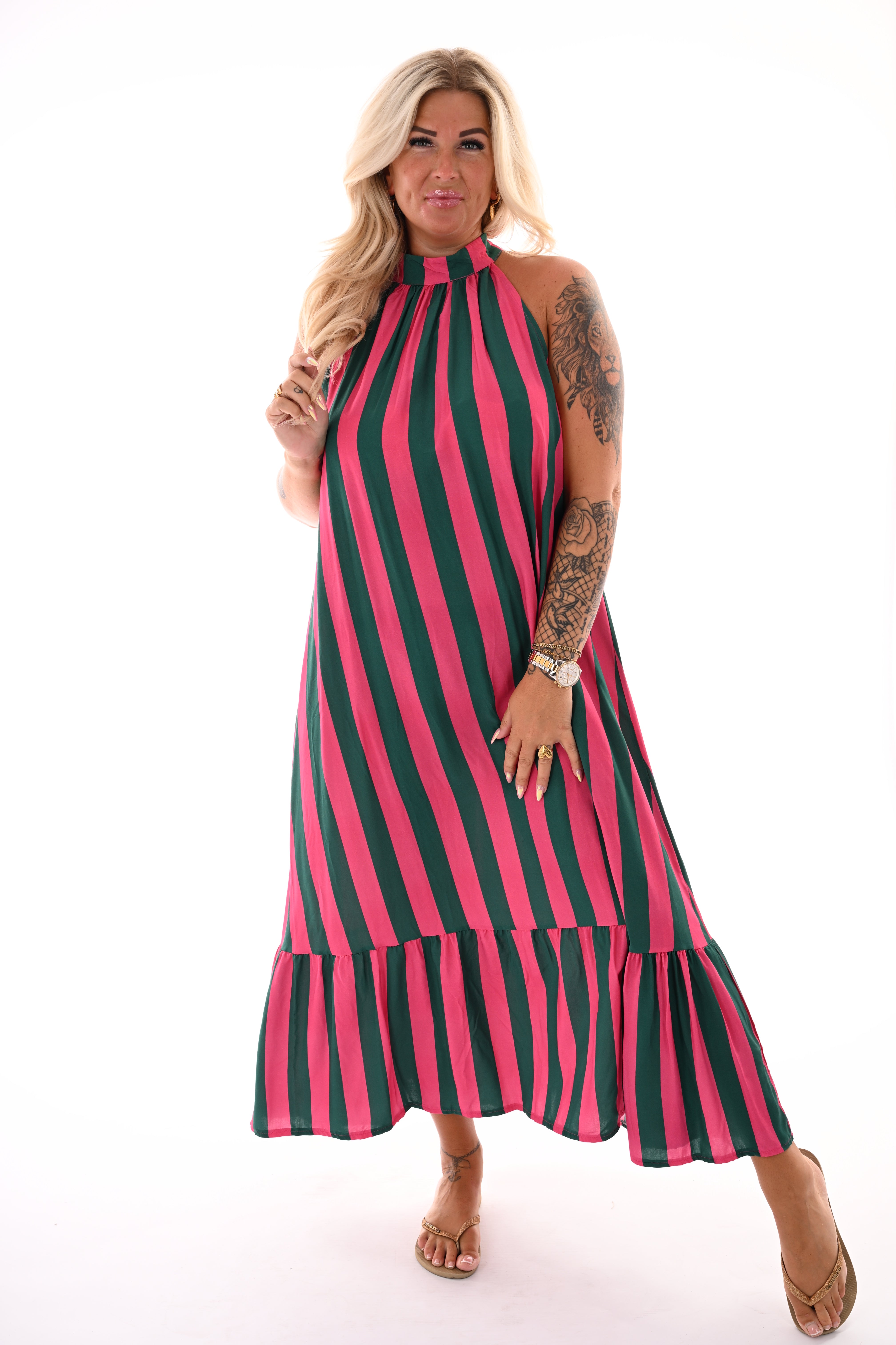 Lange halter jurk met strepen fuchsia/groen