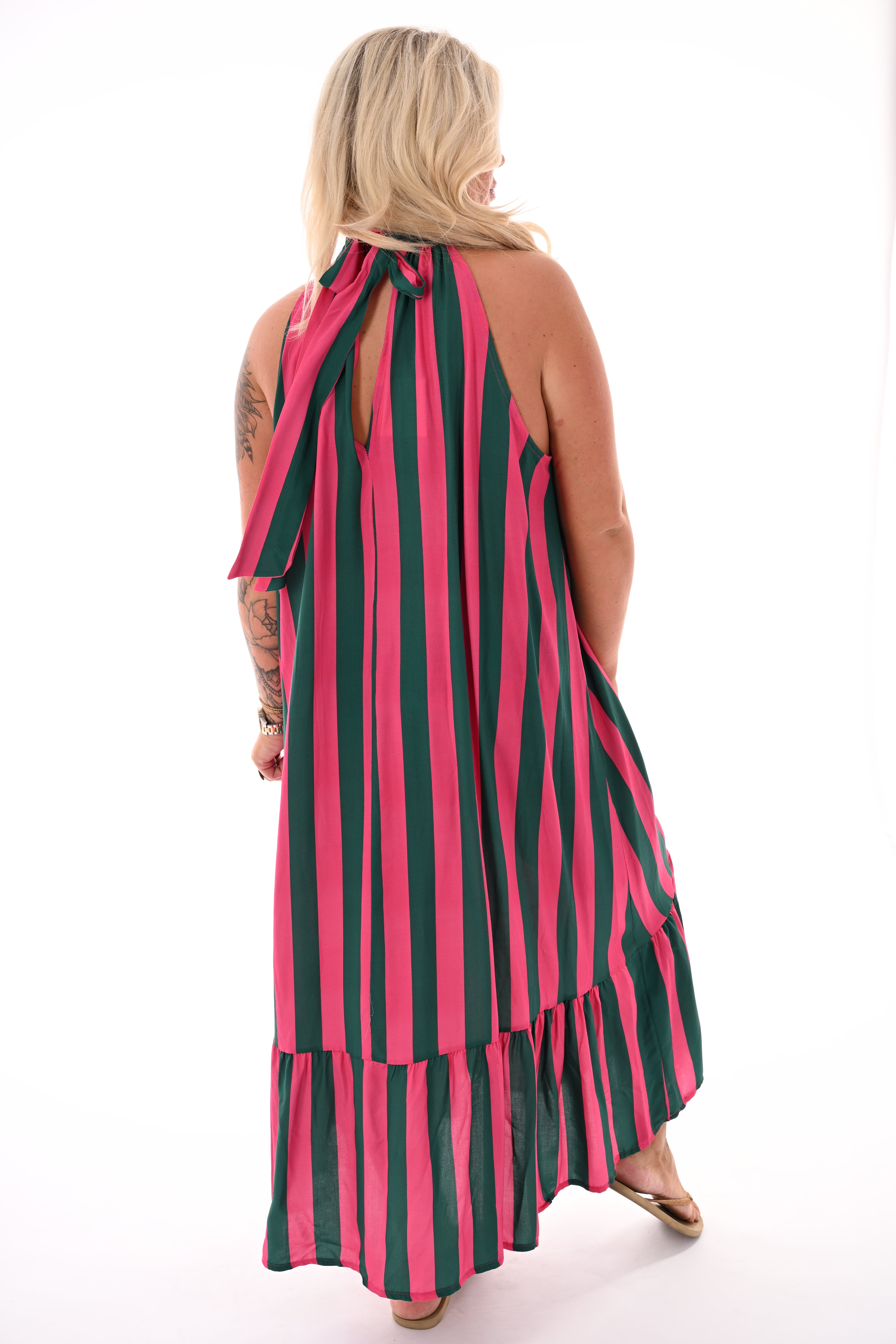 Lange halter jurk met strepen fuchsia/groen