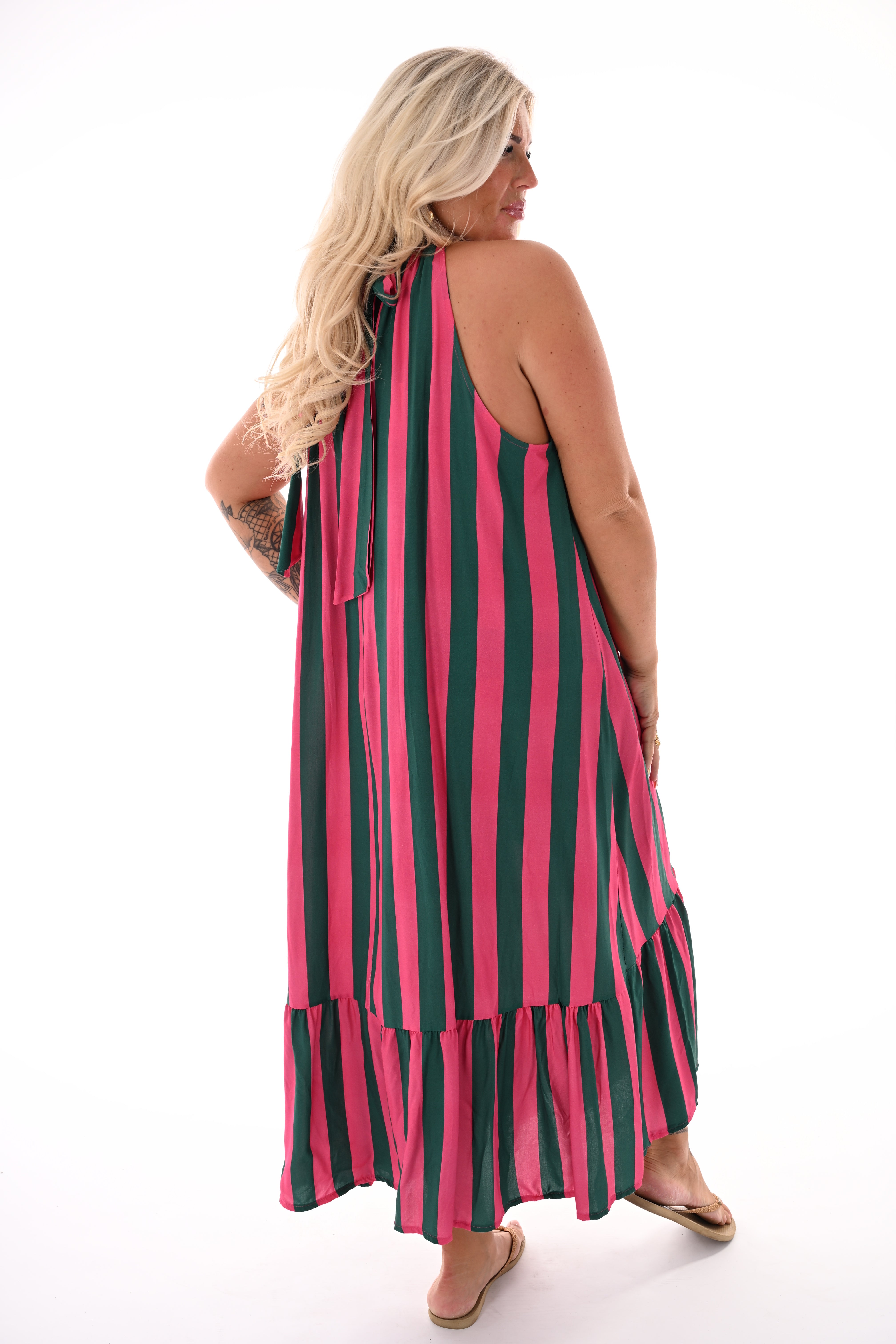 Lange halter jurk met strepen fuchsia/groen
