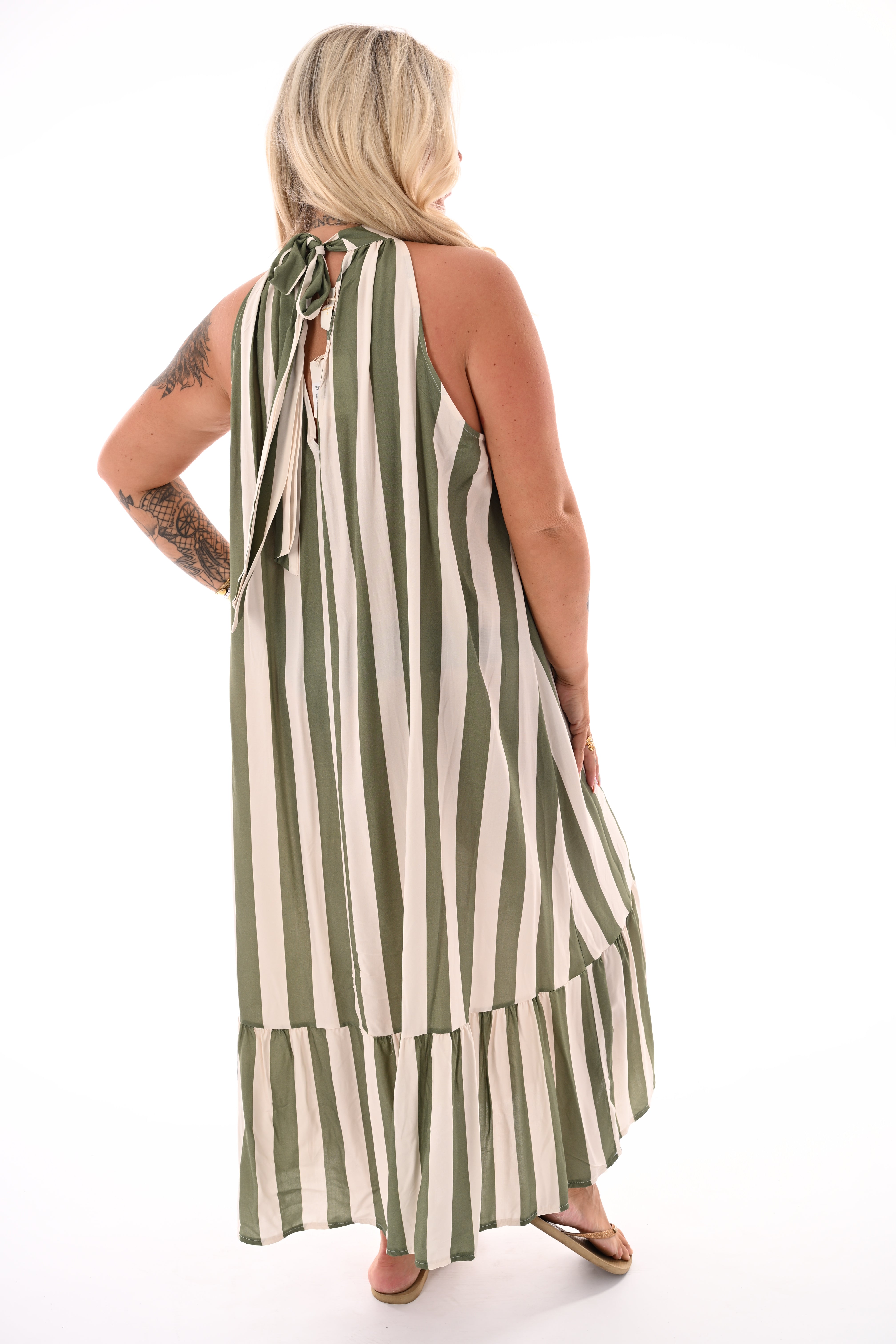 Lange halter jurk met strepen creme/legergroen