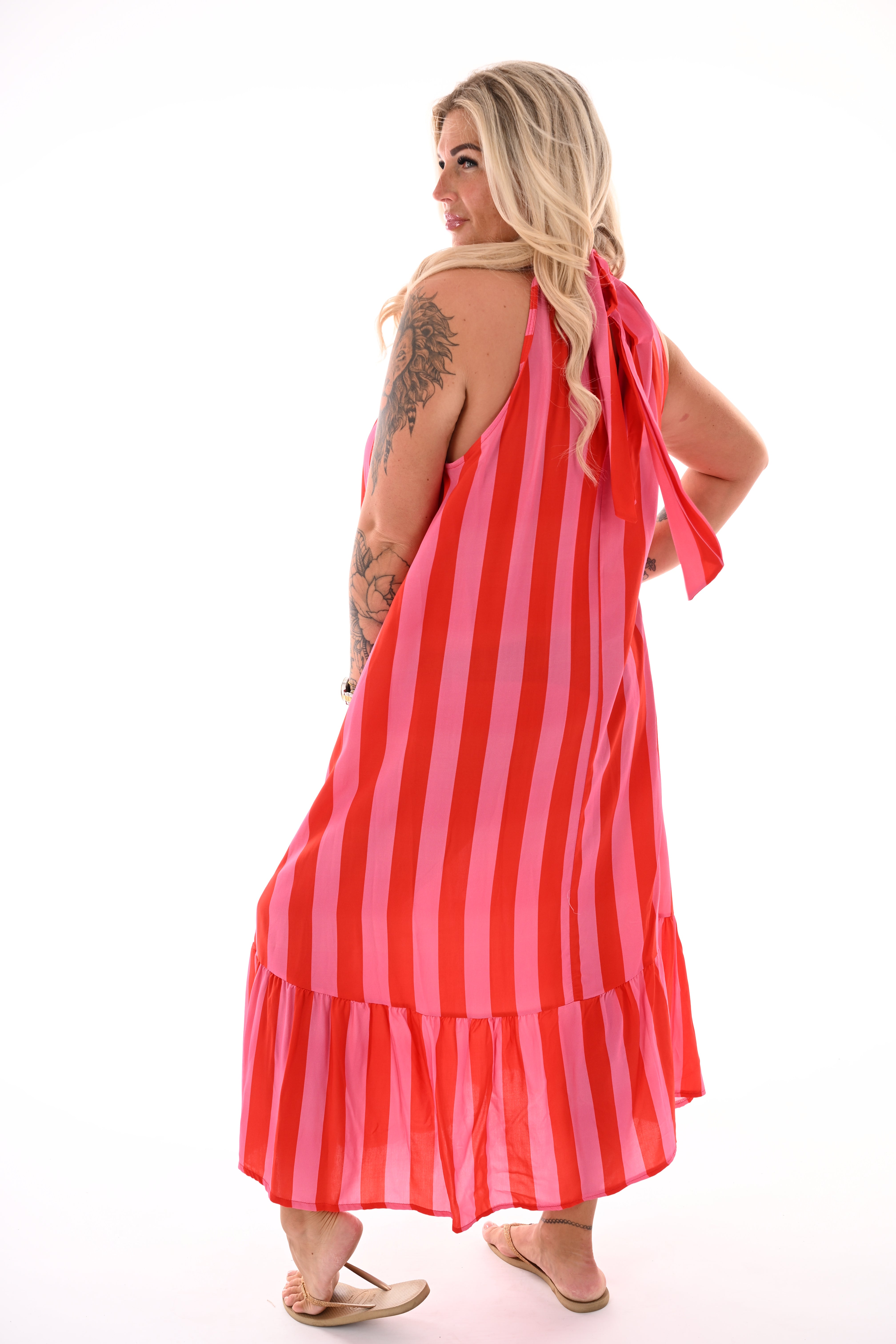 Lange halter jurk met strepen roze/rood