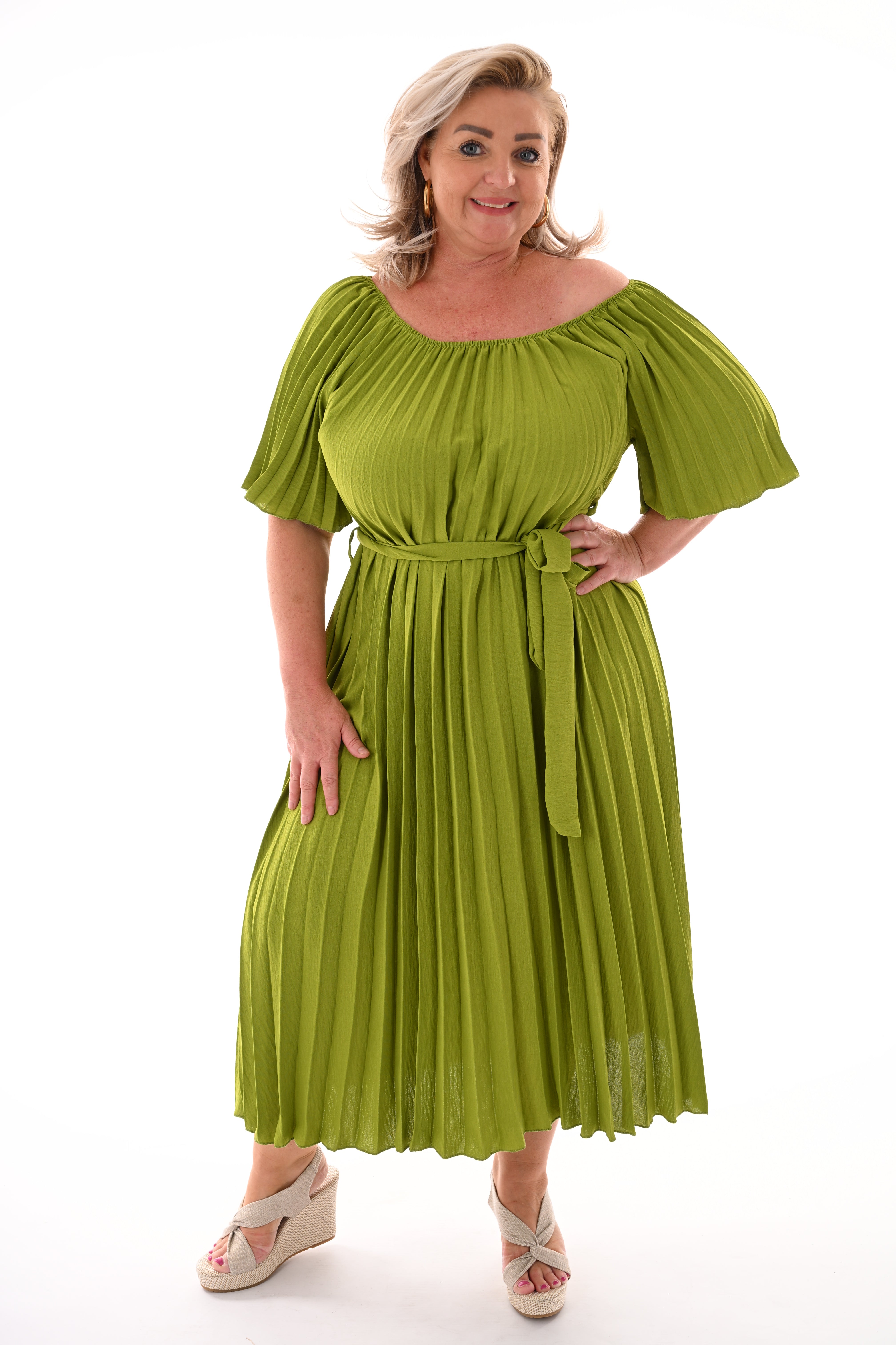 Plisse jurk met ceintuur uni lime