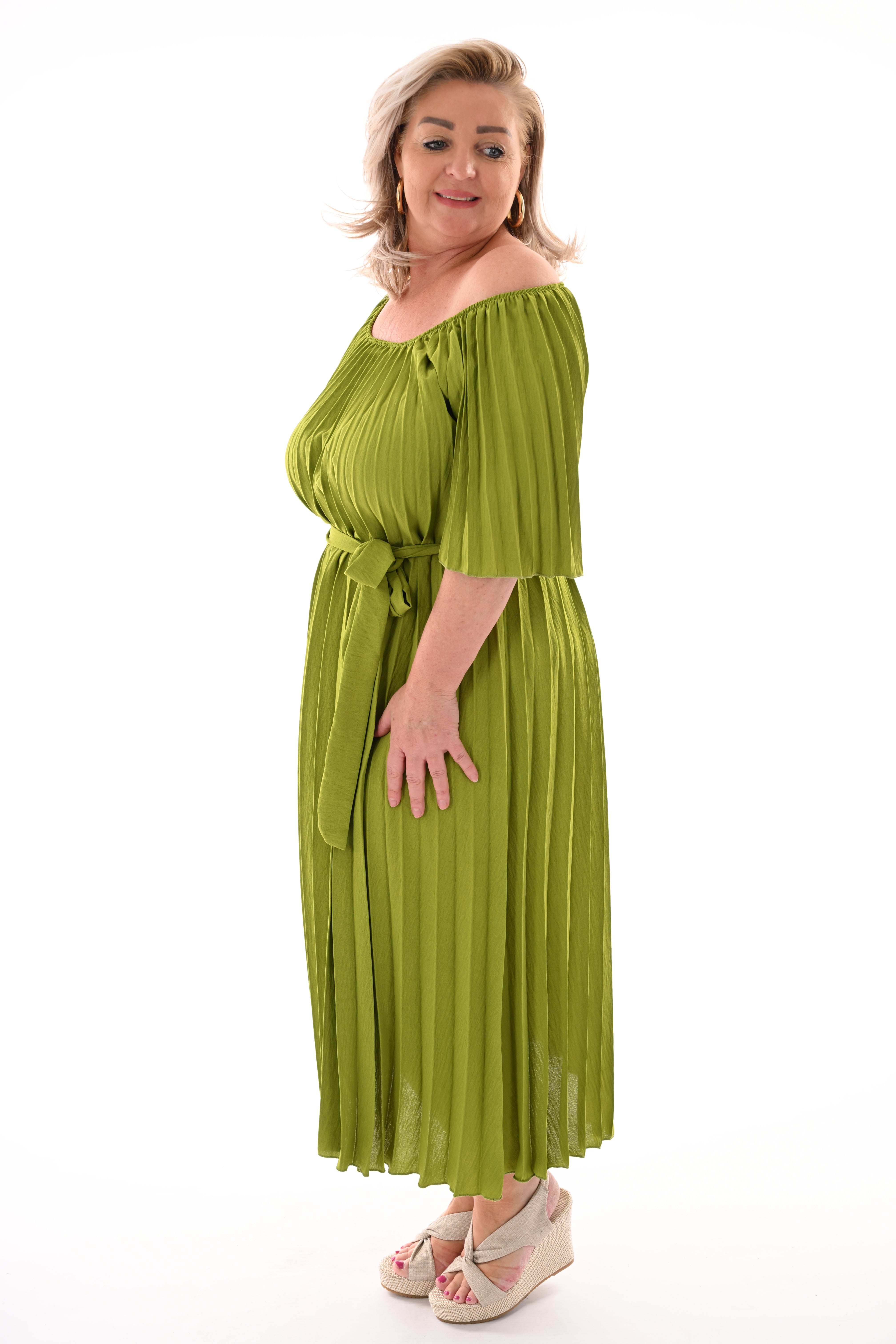 Plisse jurk met ceintuur uni lime