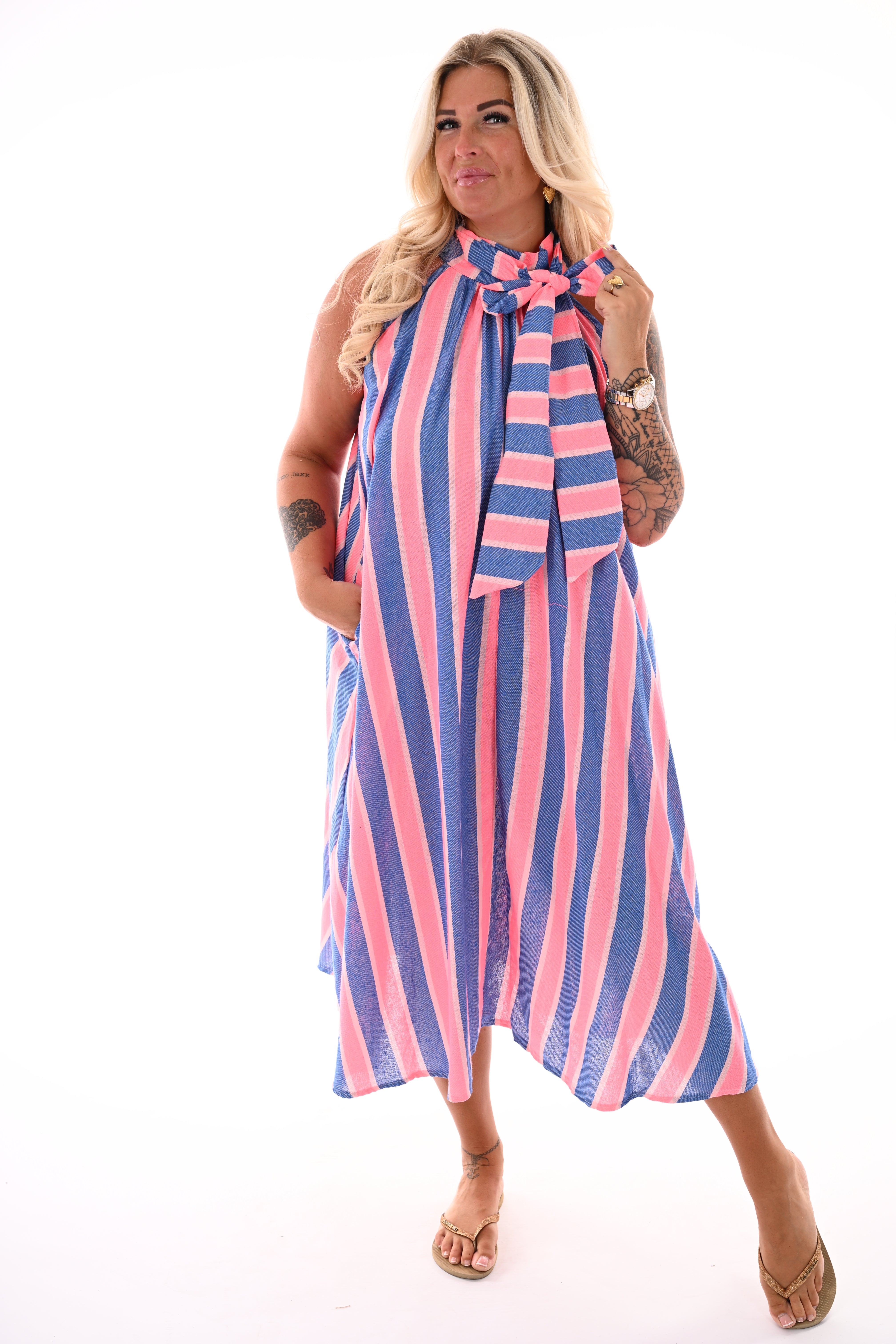 Halter jurk strepen blauw/felroze