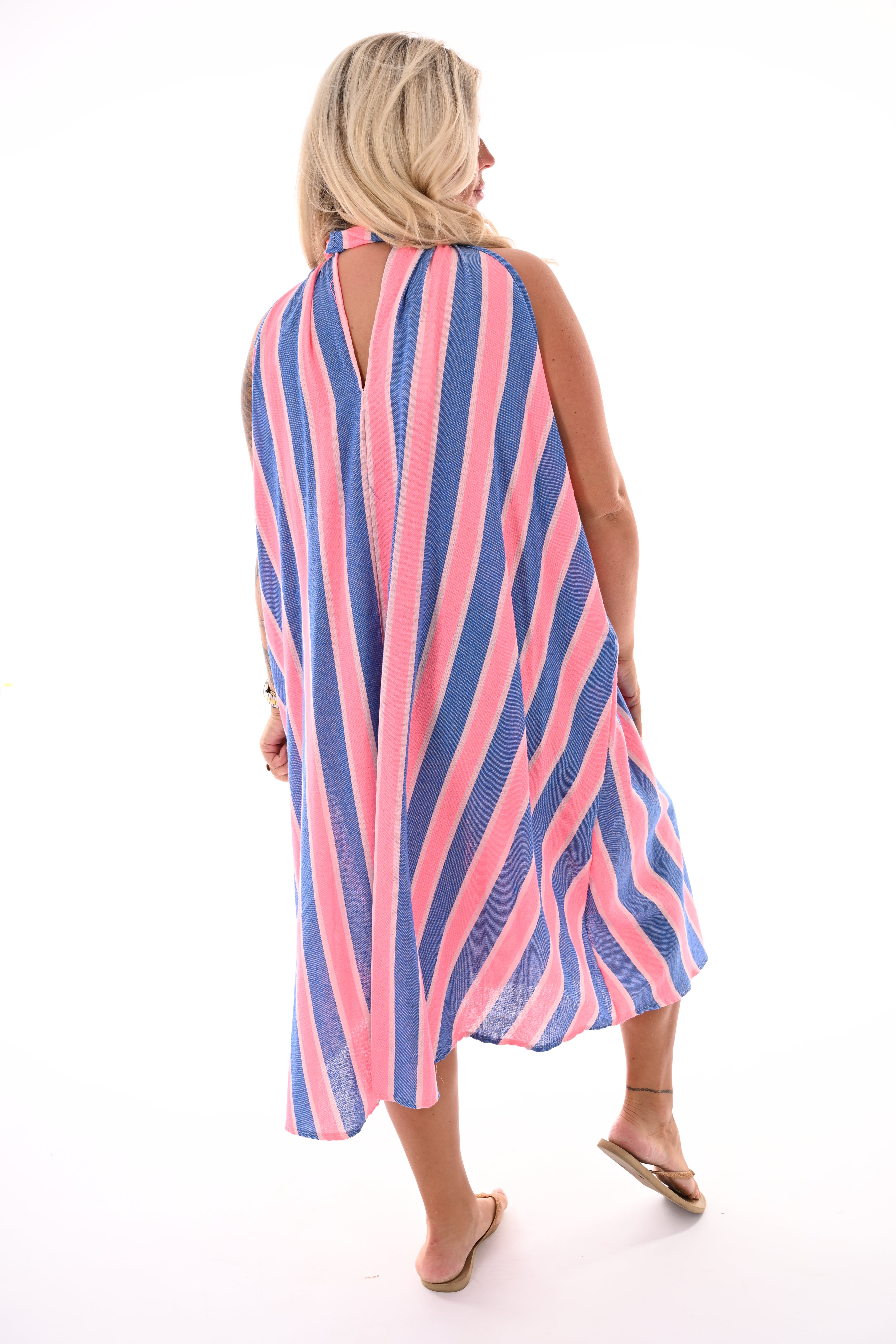 Halter jurk strepen blauw/felroze