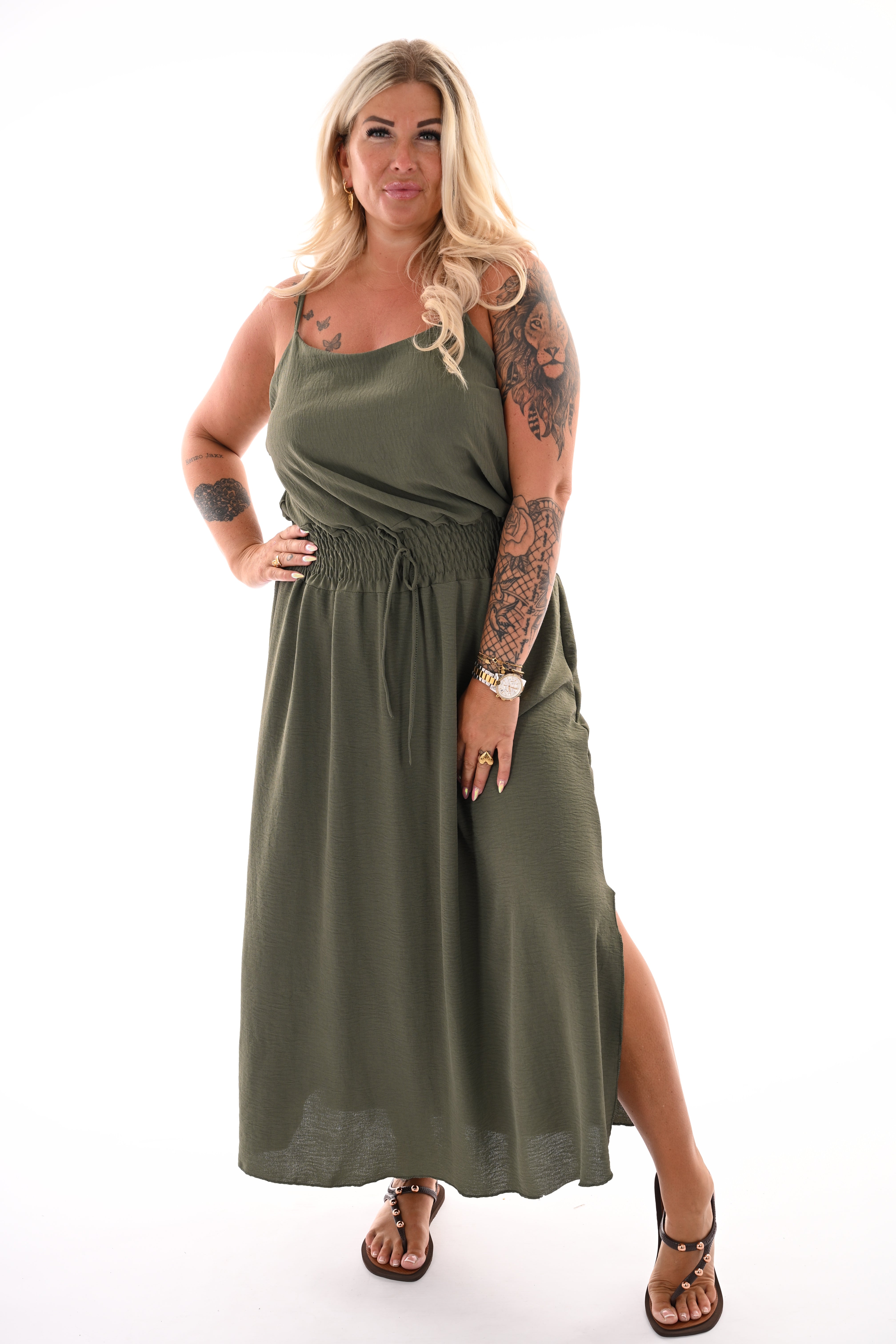 Lange jurk smock taille uni legergroen