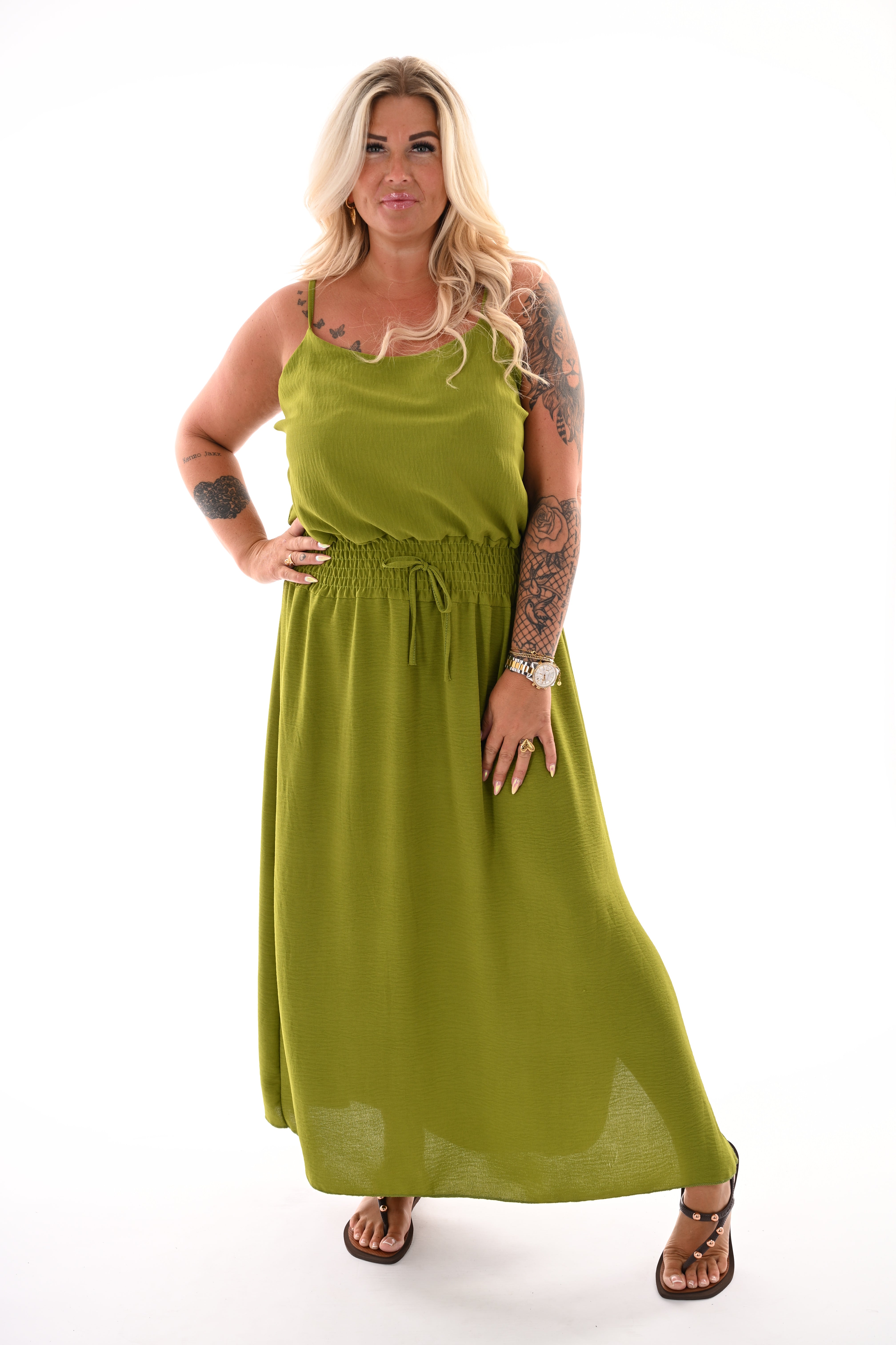 Lange jurk smock taille uni lime