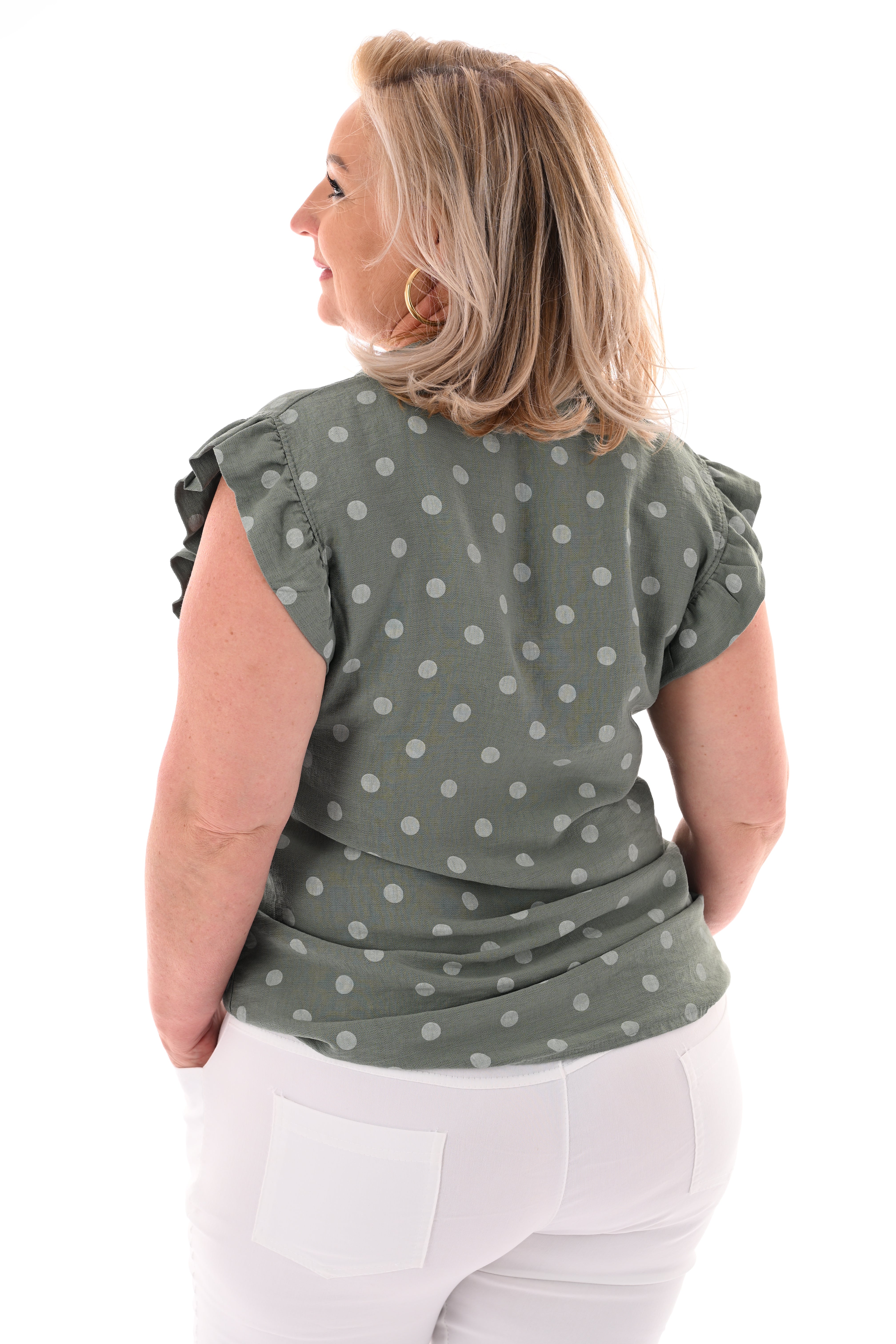 Dots blouse mouwloos met roezels lindegroen