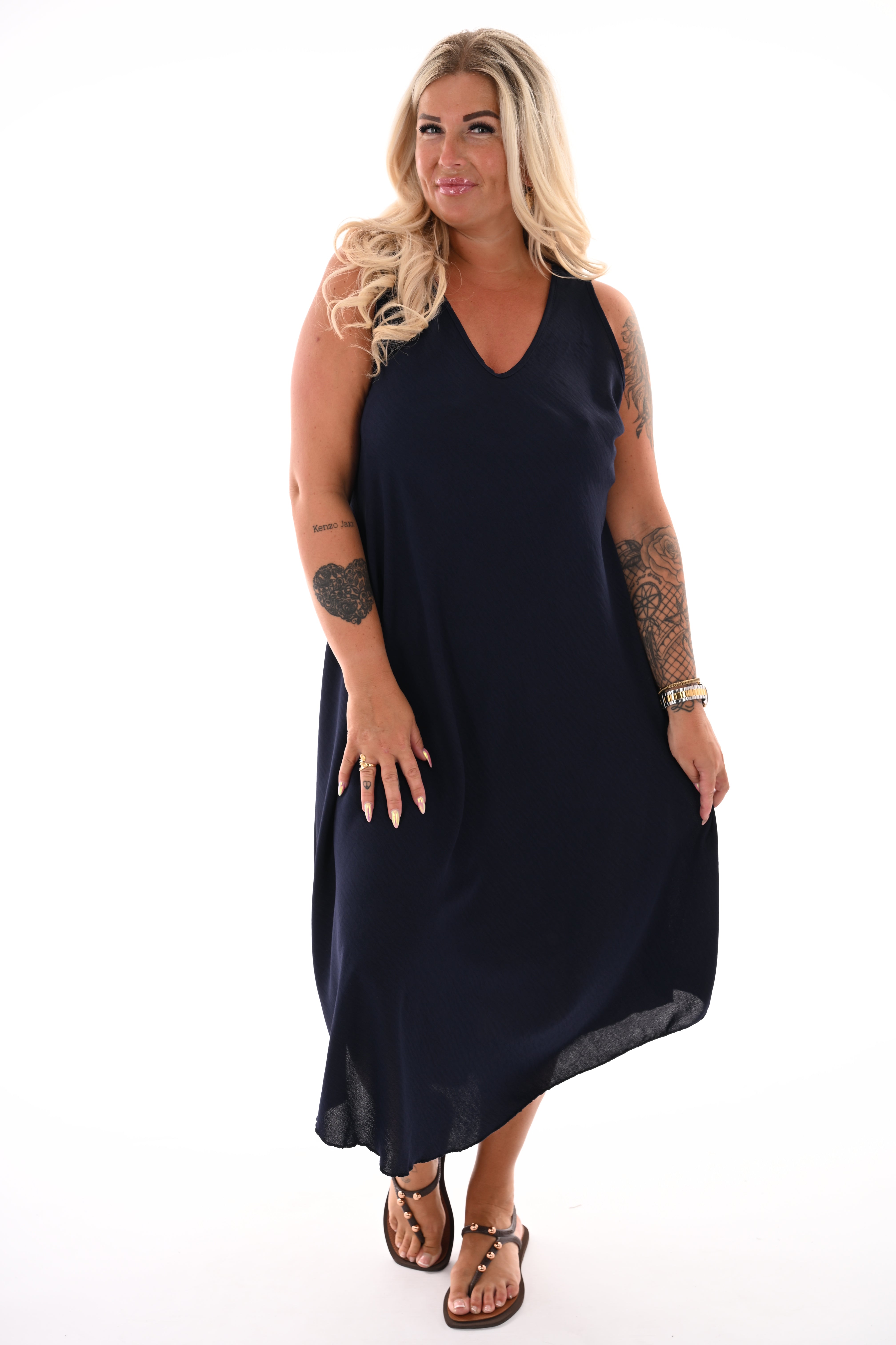 mouwloze jurk v-hals marineblauw