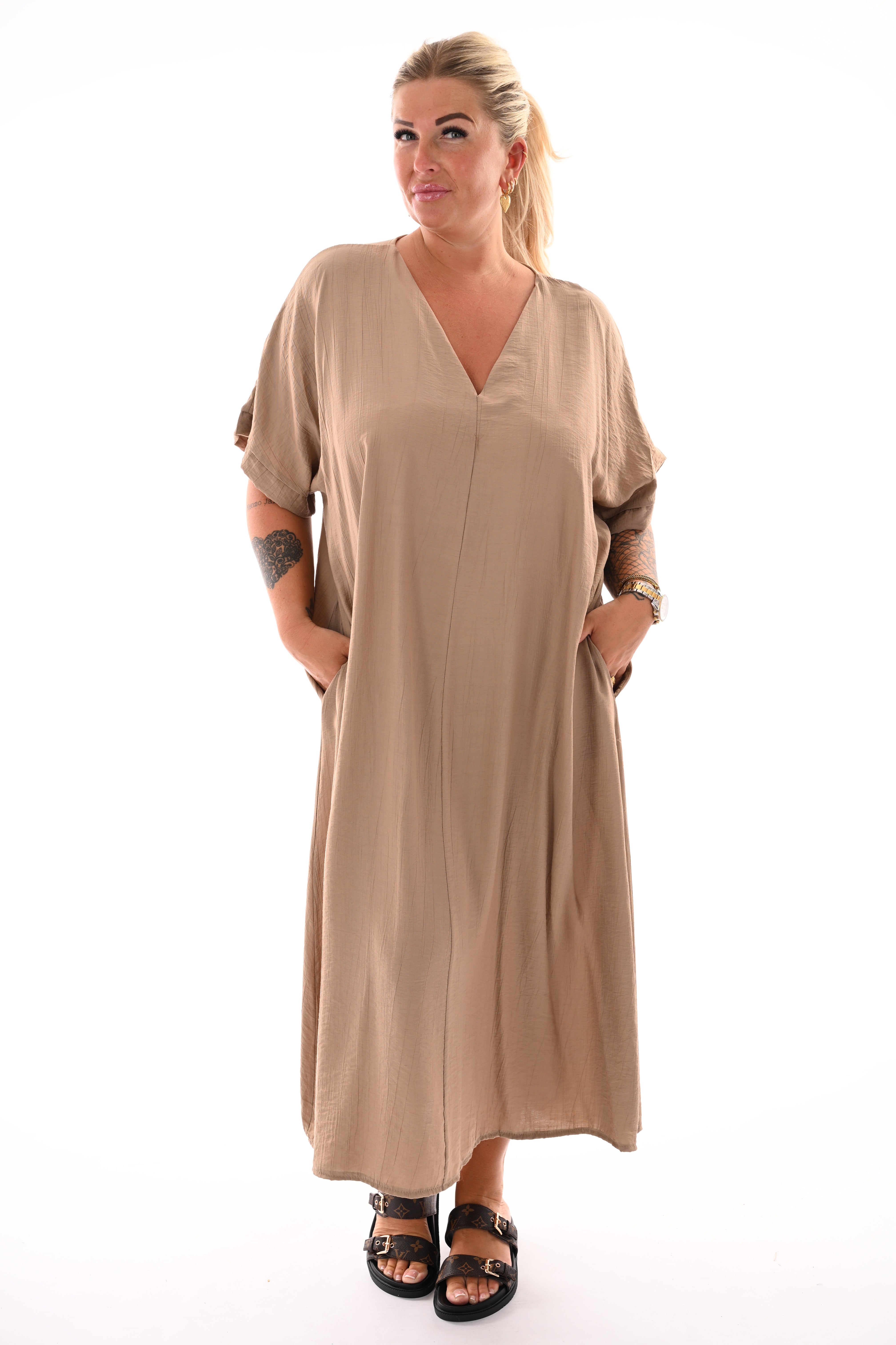 Lange jurk v-hals uni taupe