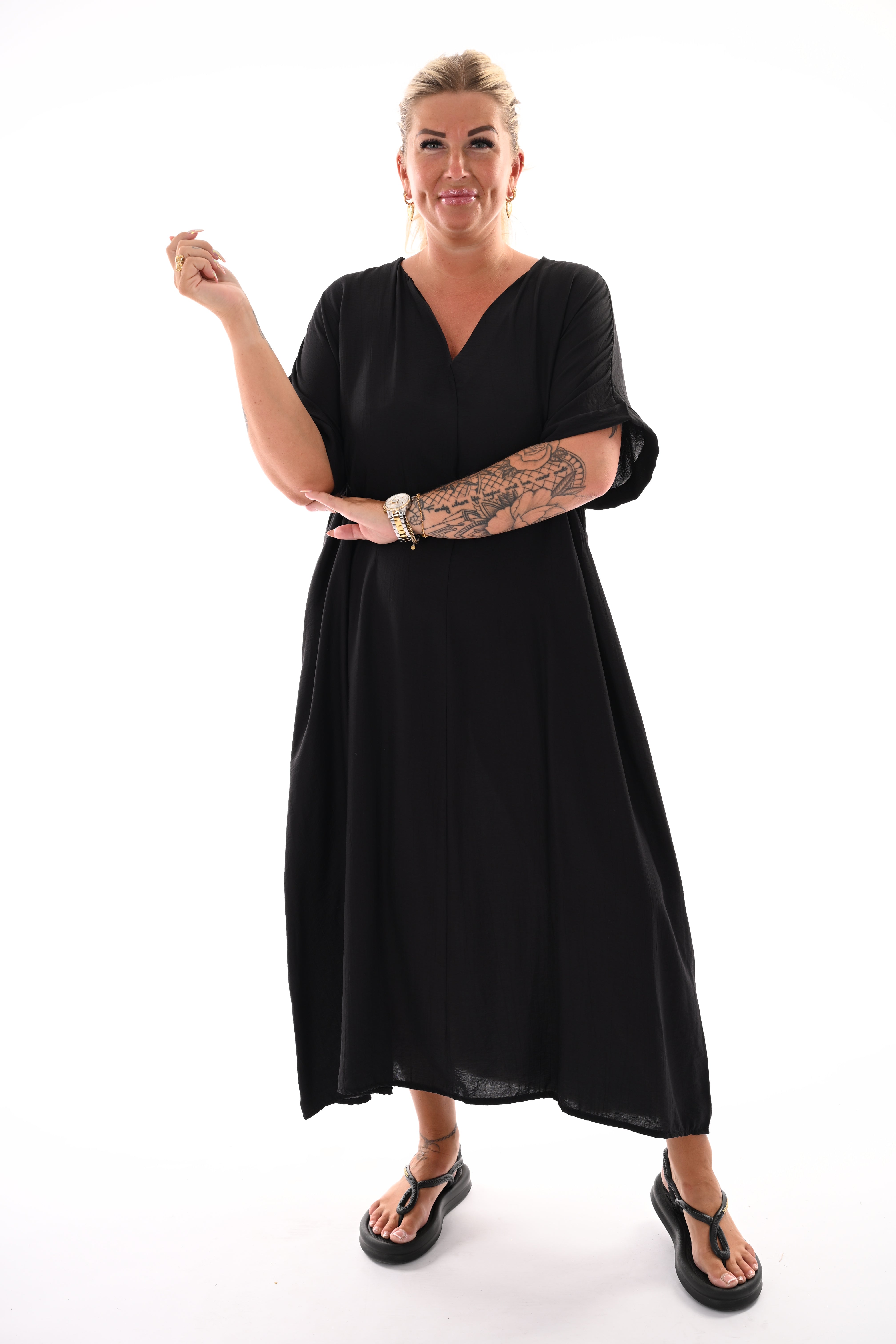 Lange jurk v-hals uni zwart