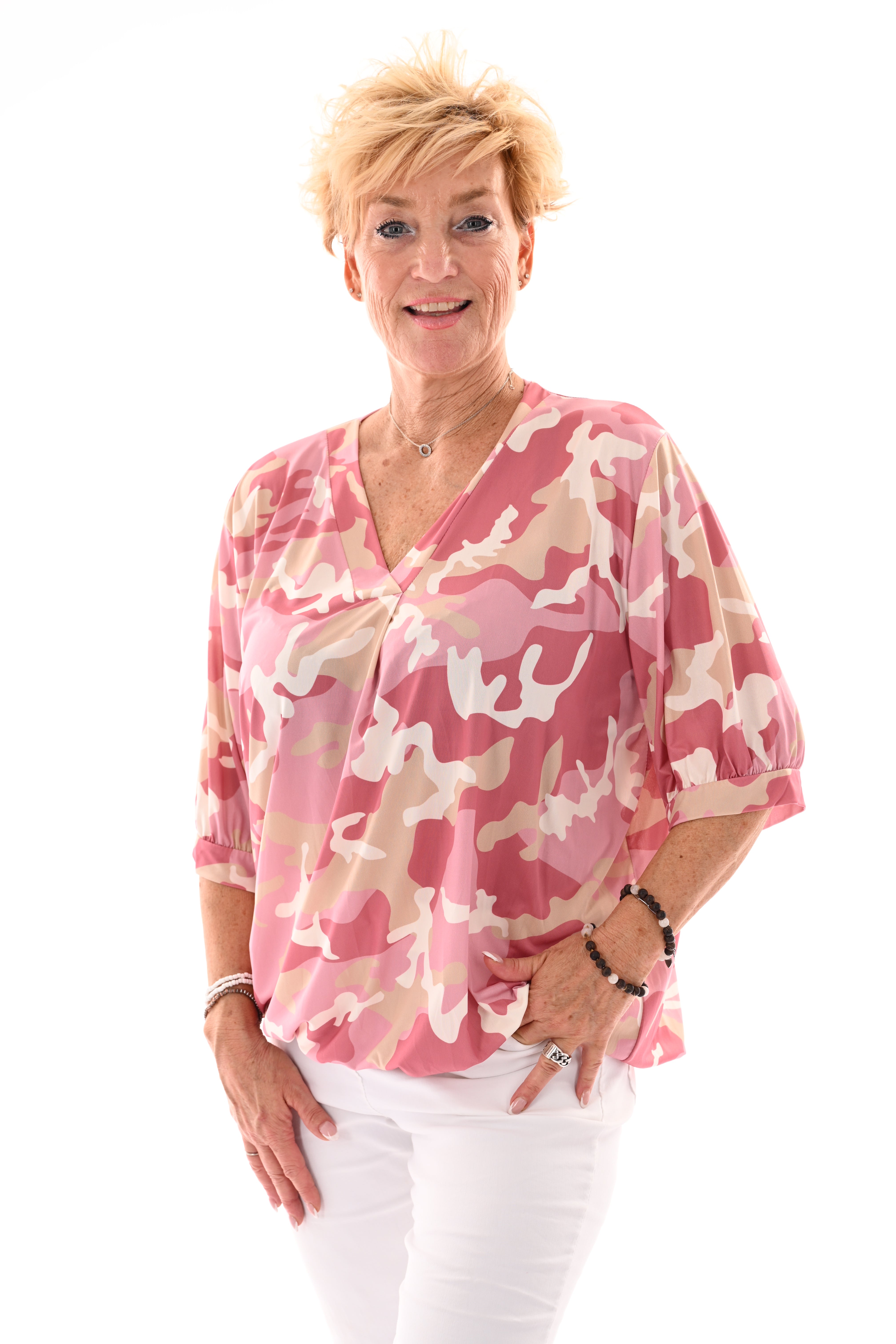 Travel top army v-hals oudroze/beige
