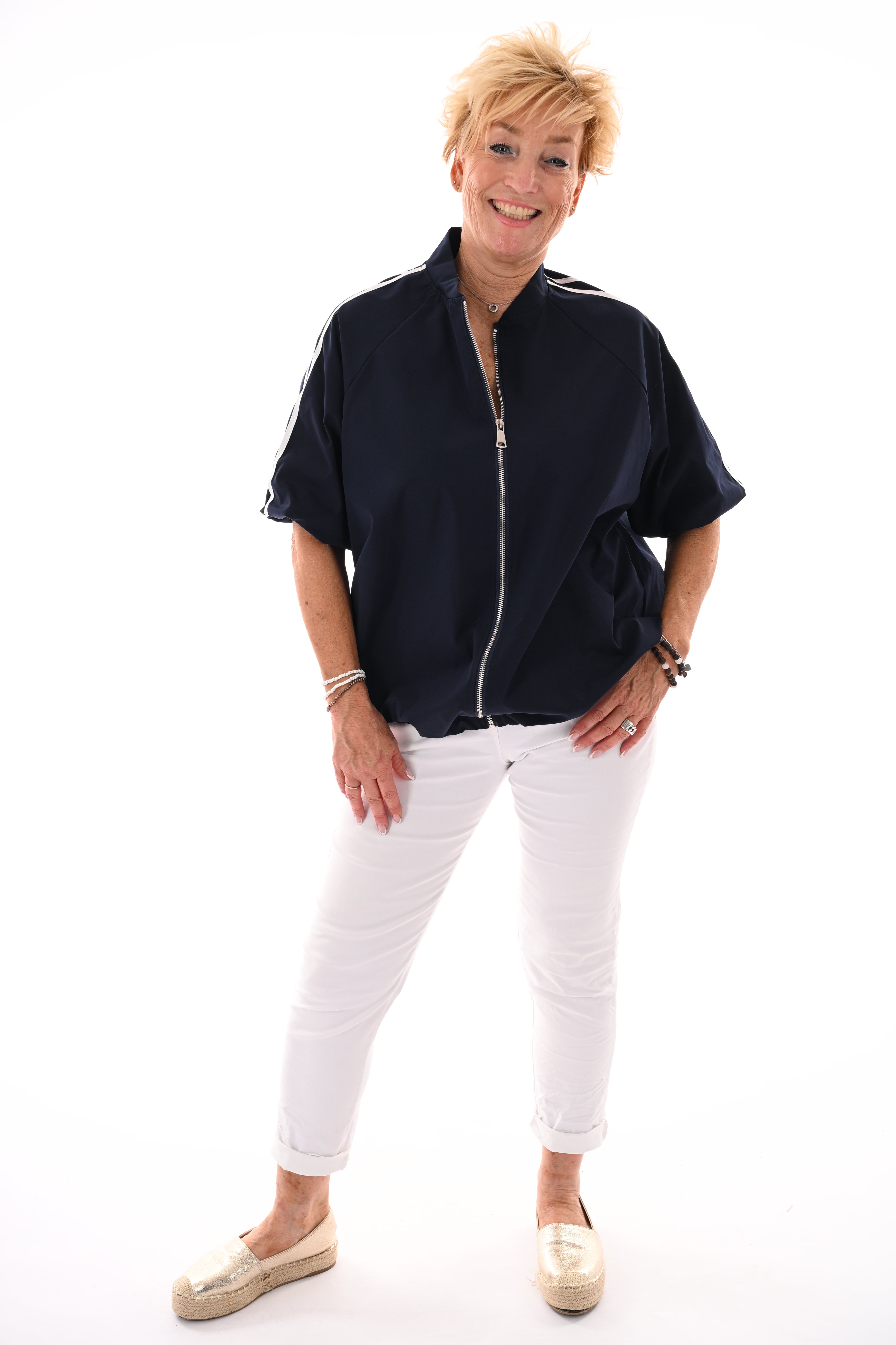 Kort jasje met bies korte mouwen marineblauw/wit