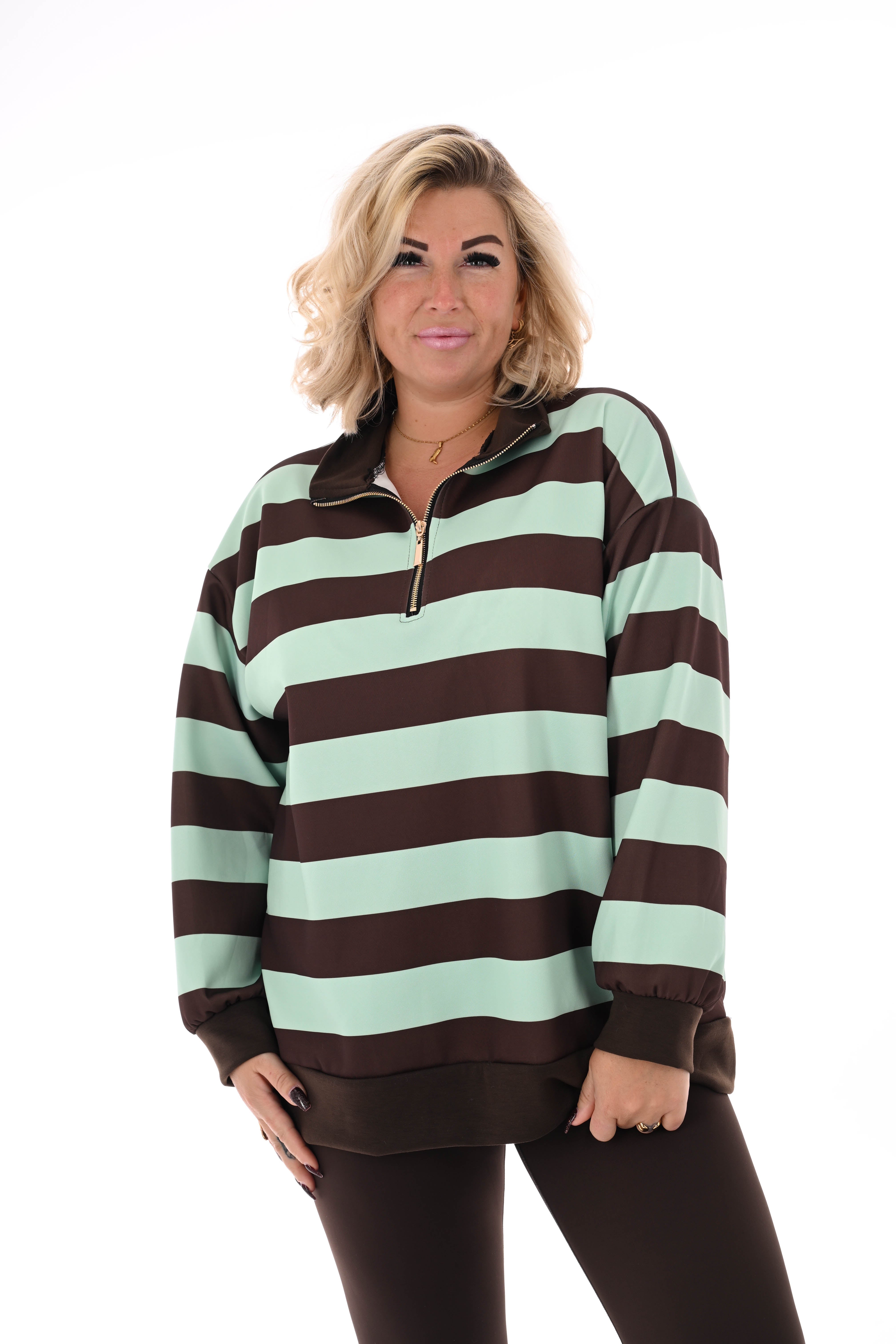 Sweater strepen met rits mintgroen