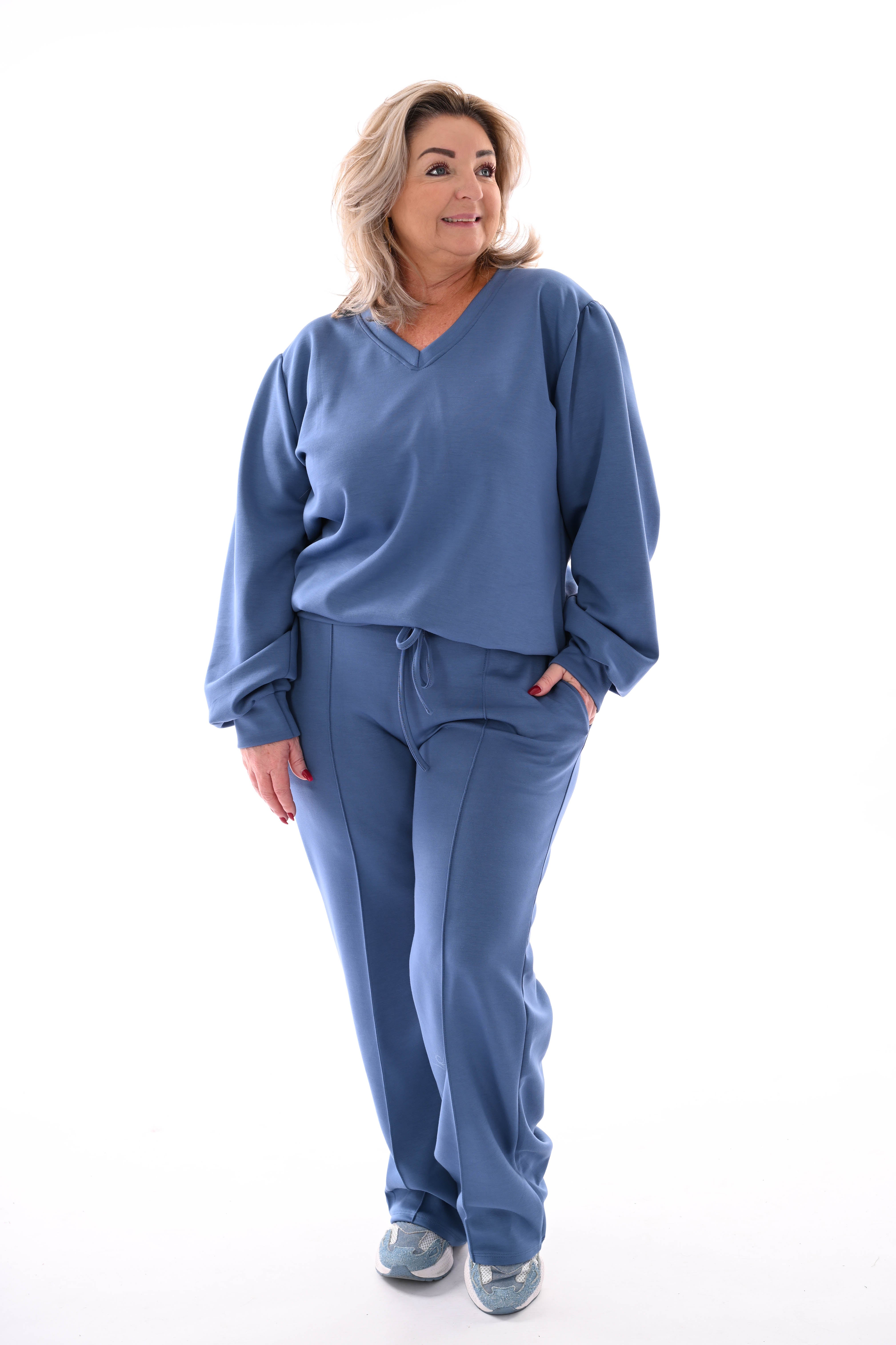 Tweedelig pak v-hals met boord uni jeansblauw