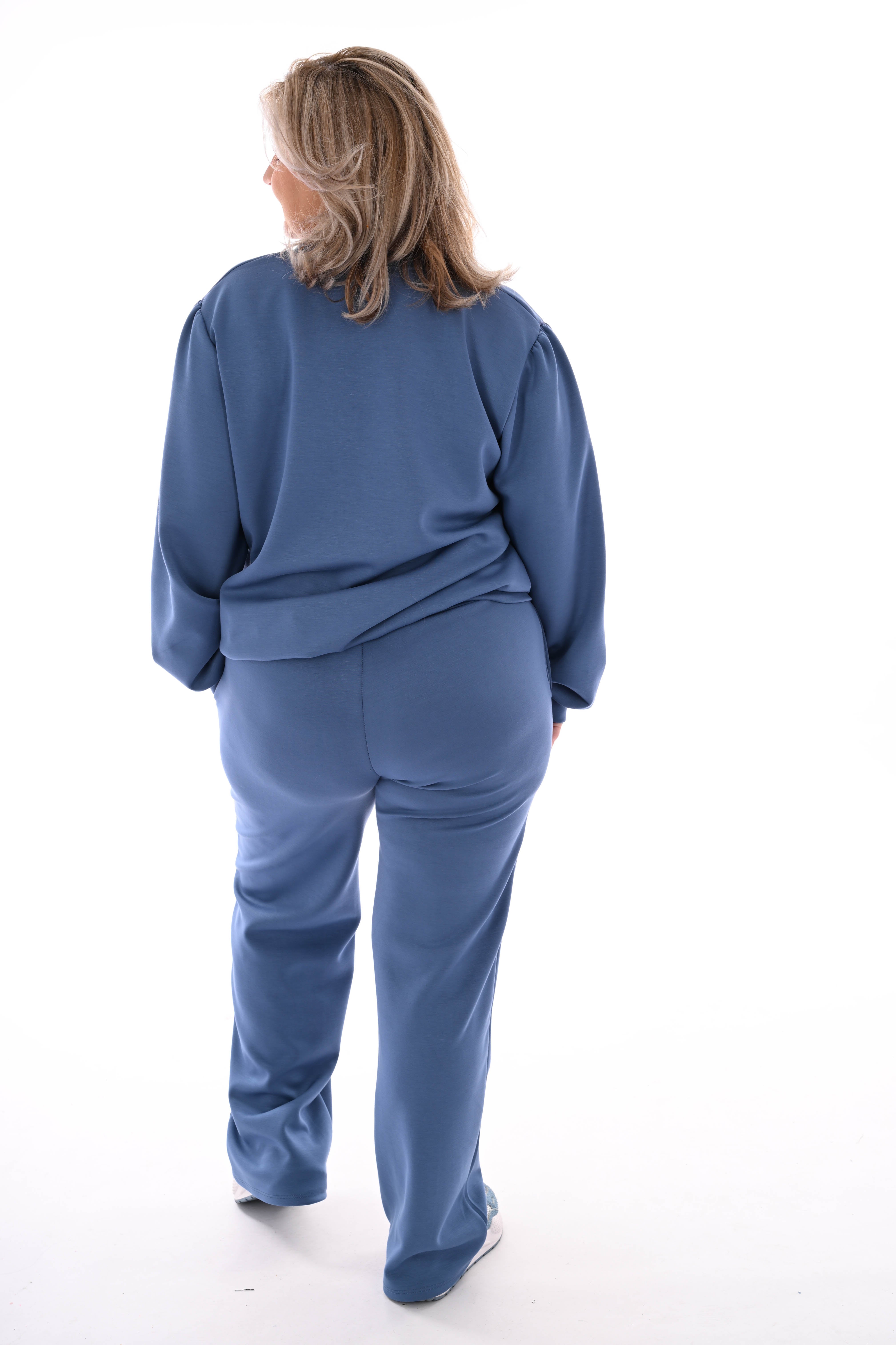 Tweedelig pak v-hals met boord uni jeansblauw