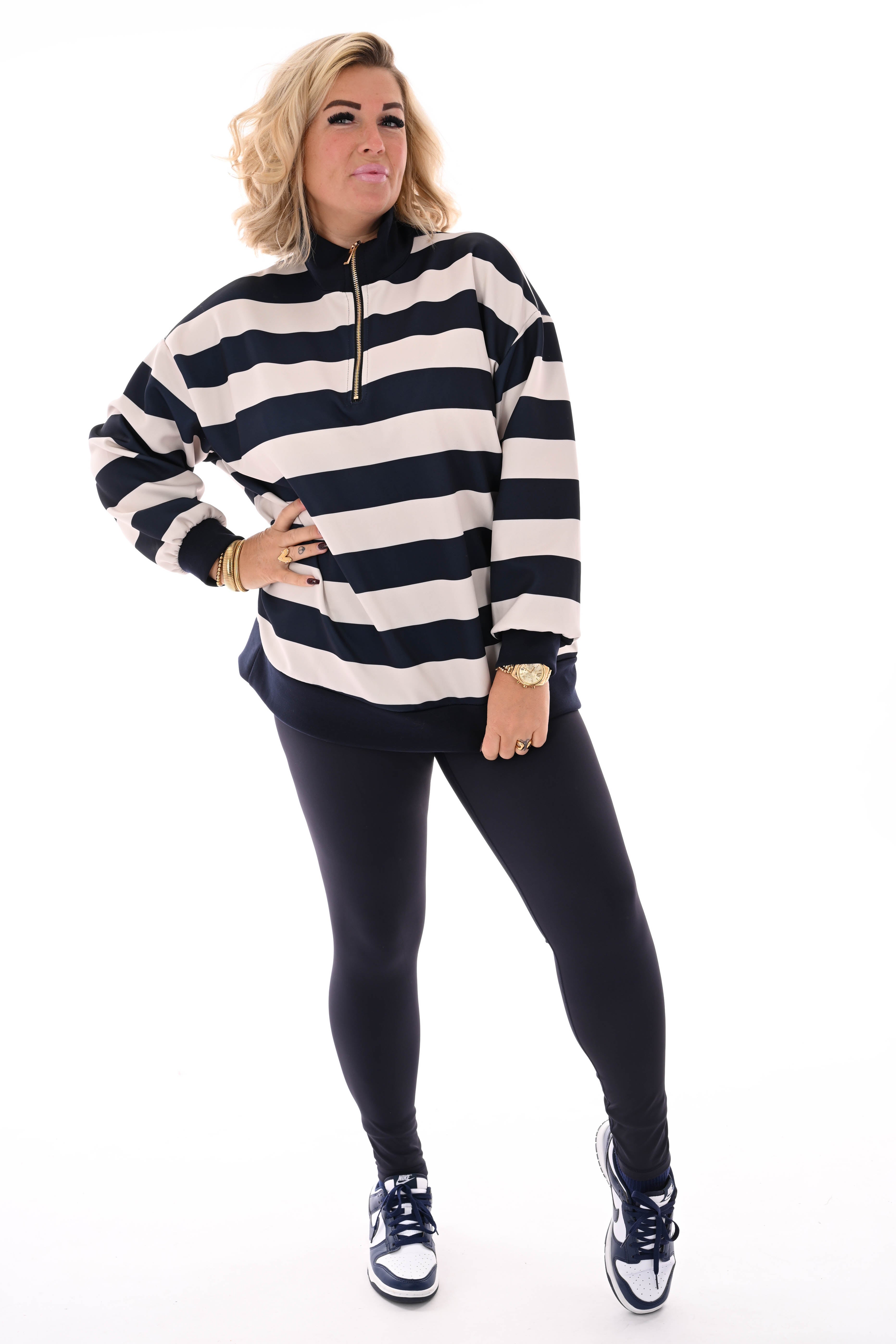 Sweater strepen met rits marineblauw