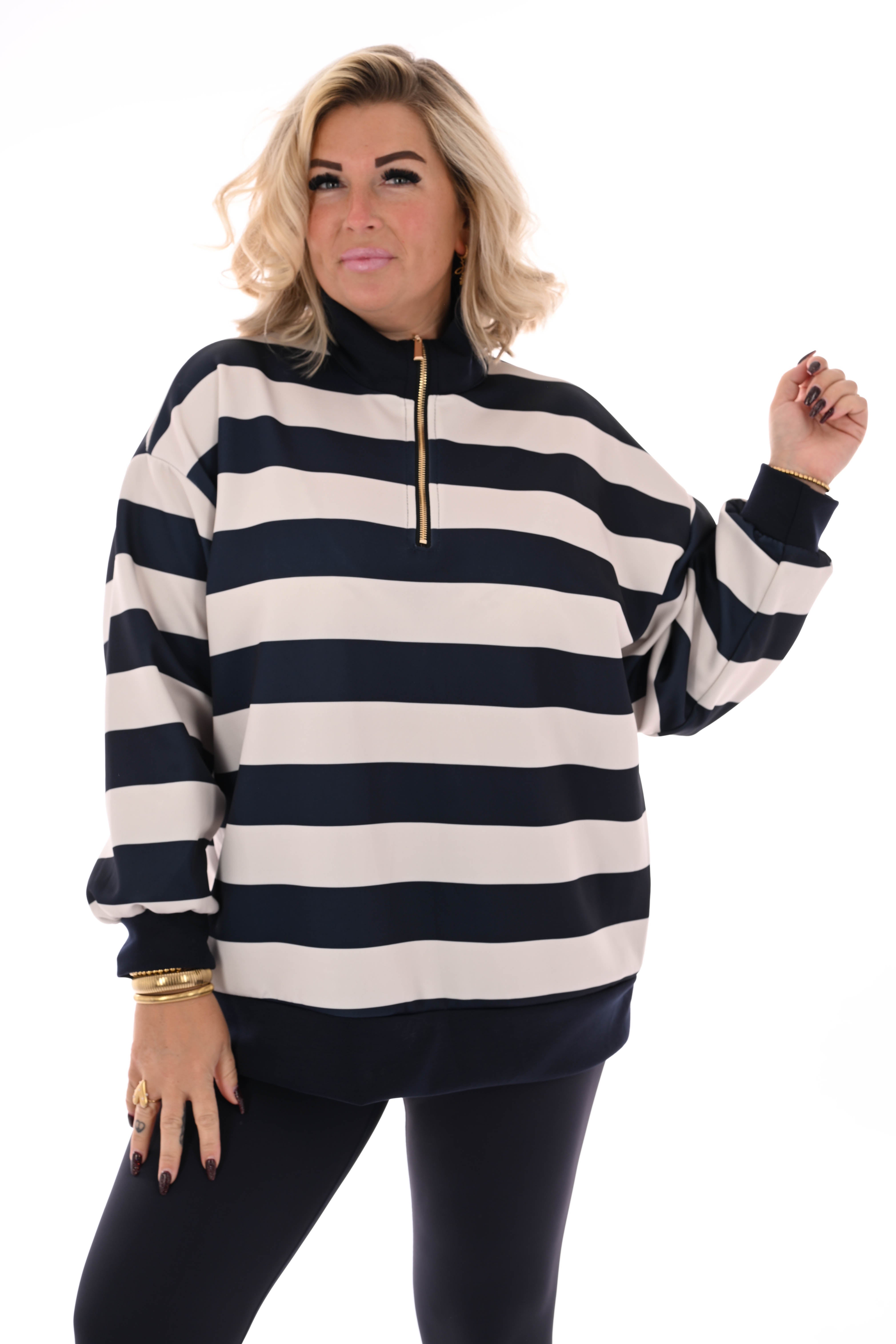 Sweater strepen met rits marineblauw
