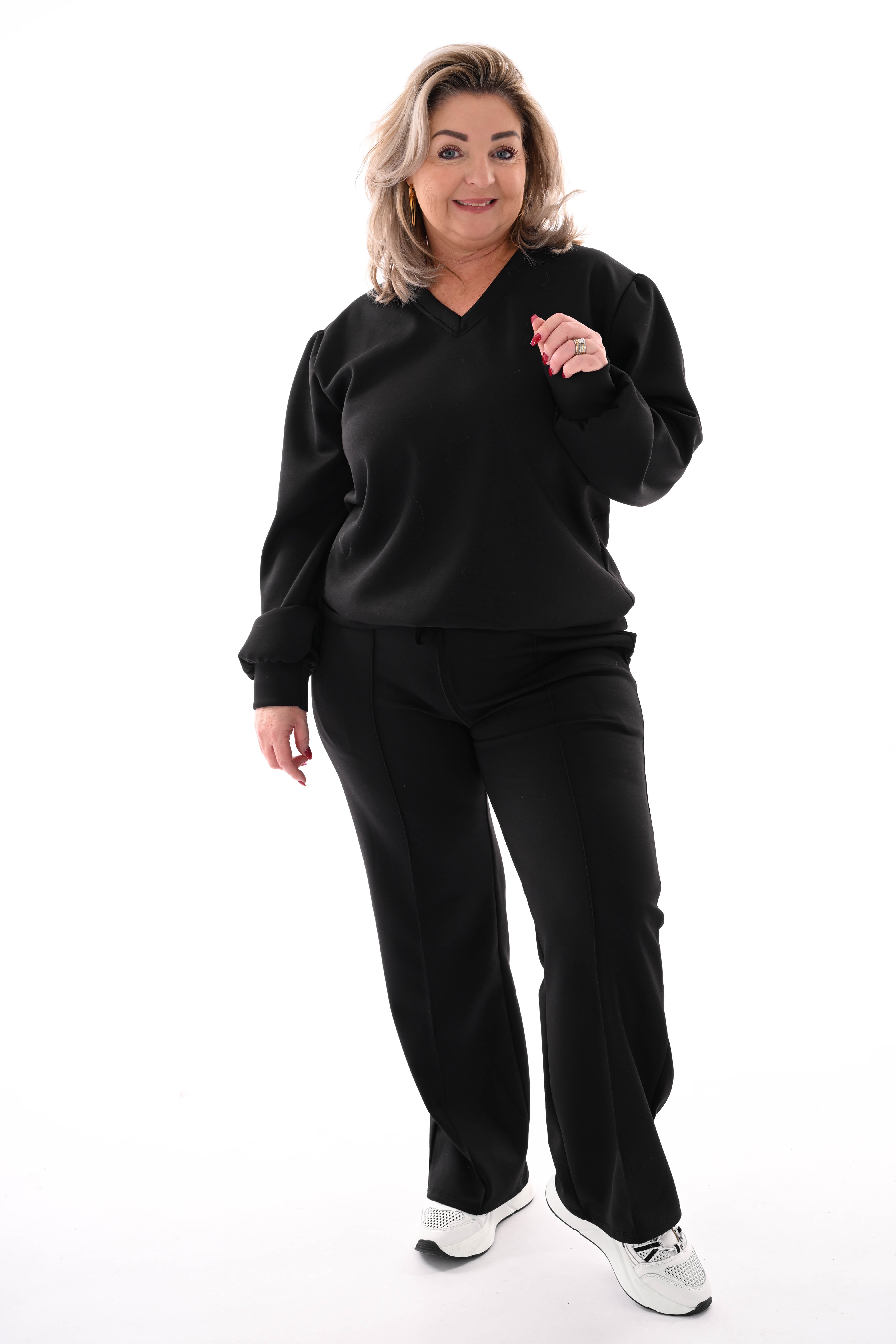 Tweedelig pak v-hals met boord uni zwart