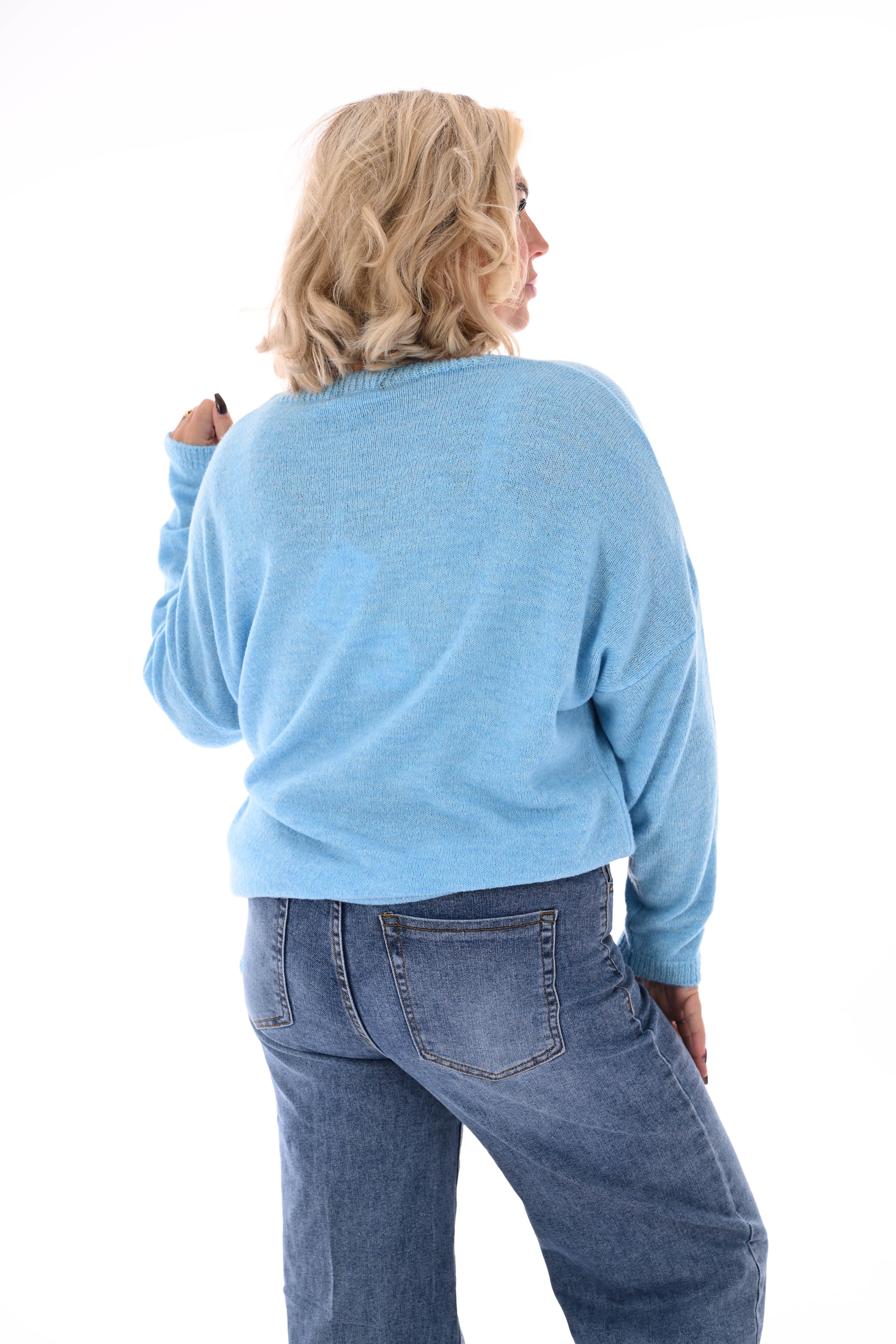 Gebreide trui v-hals uni blauw