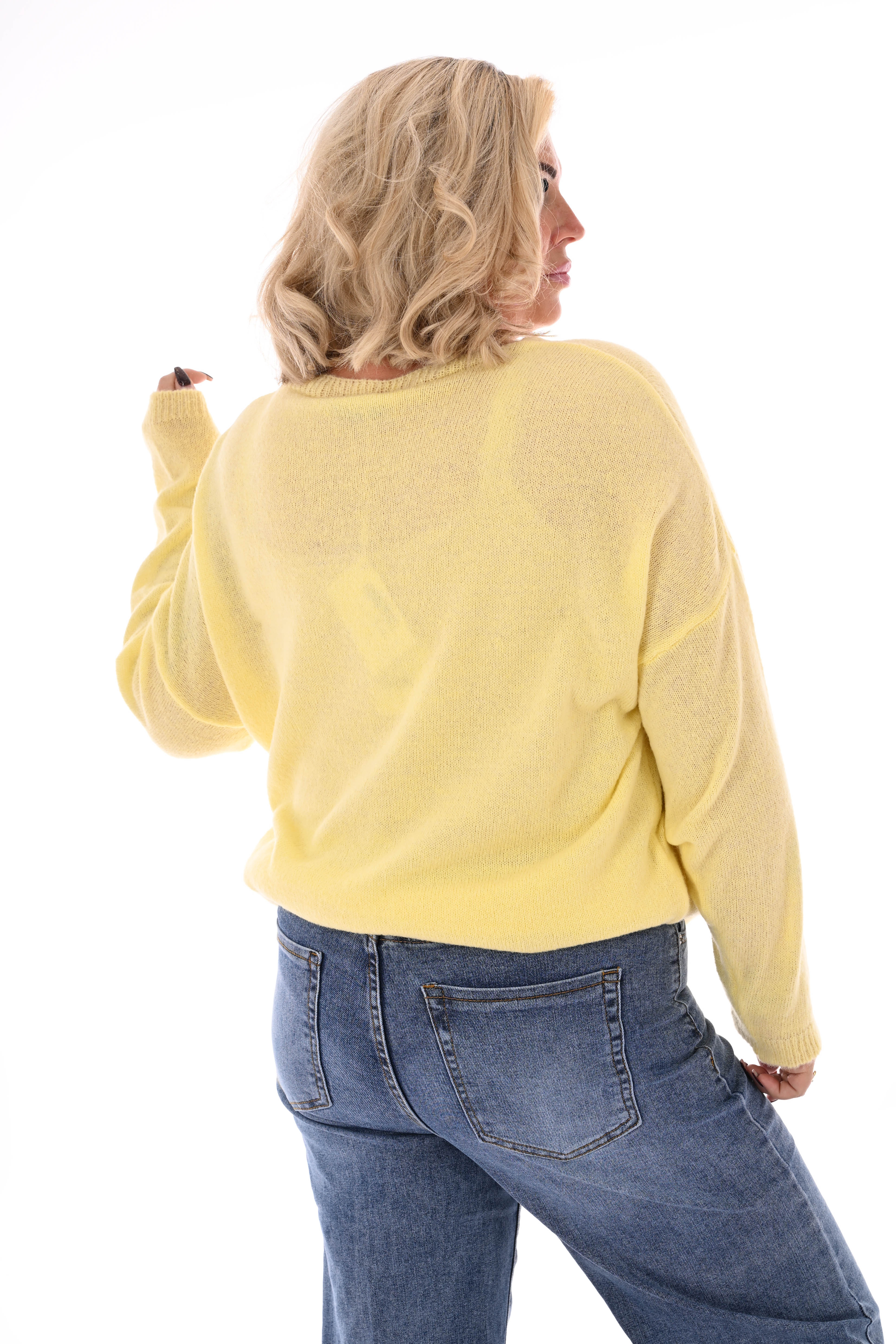 Gebreide trui v-hals uni lichtgeel