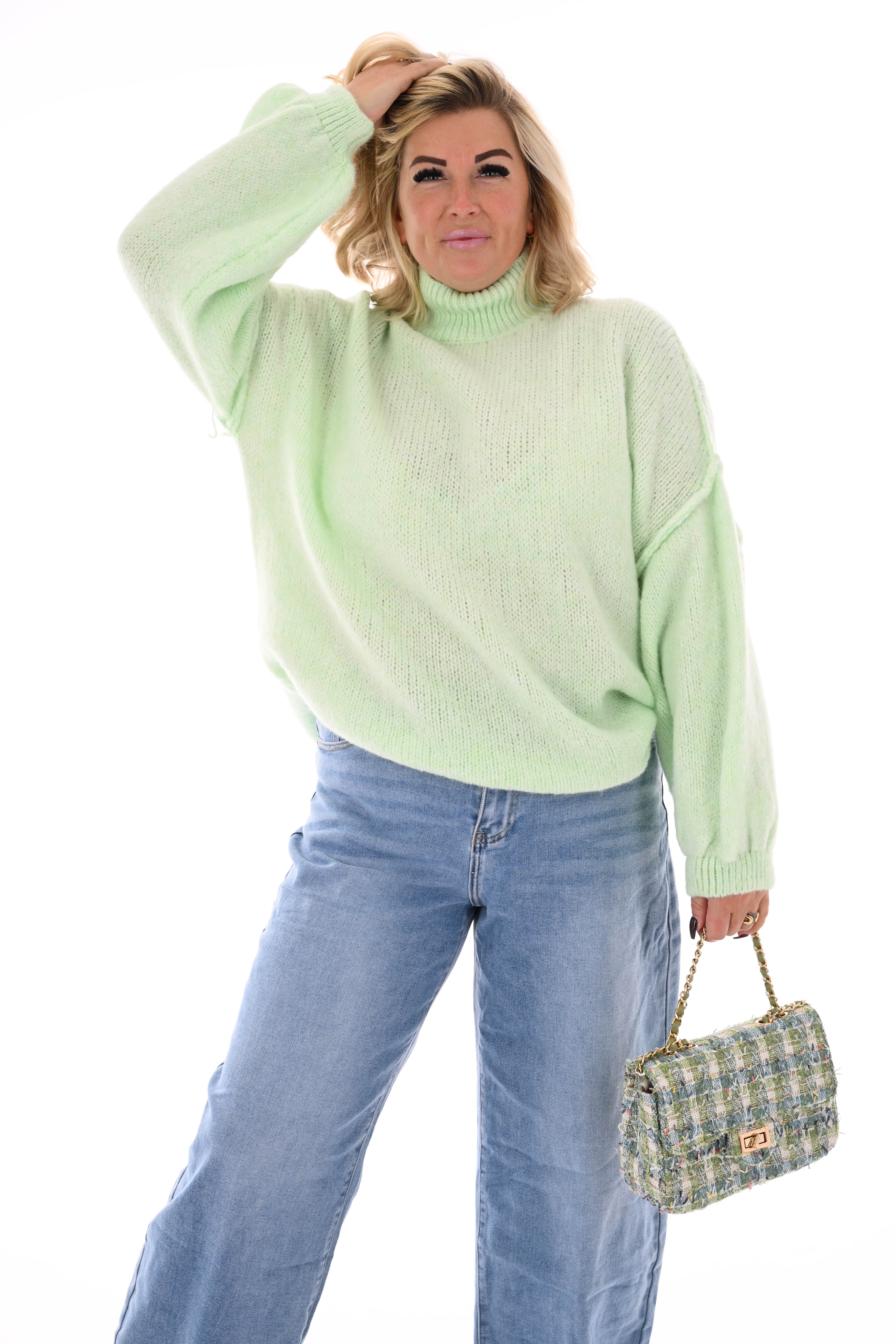 Gebreide trui turtle neck met pofmouwen mintgroen