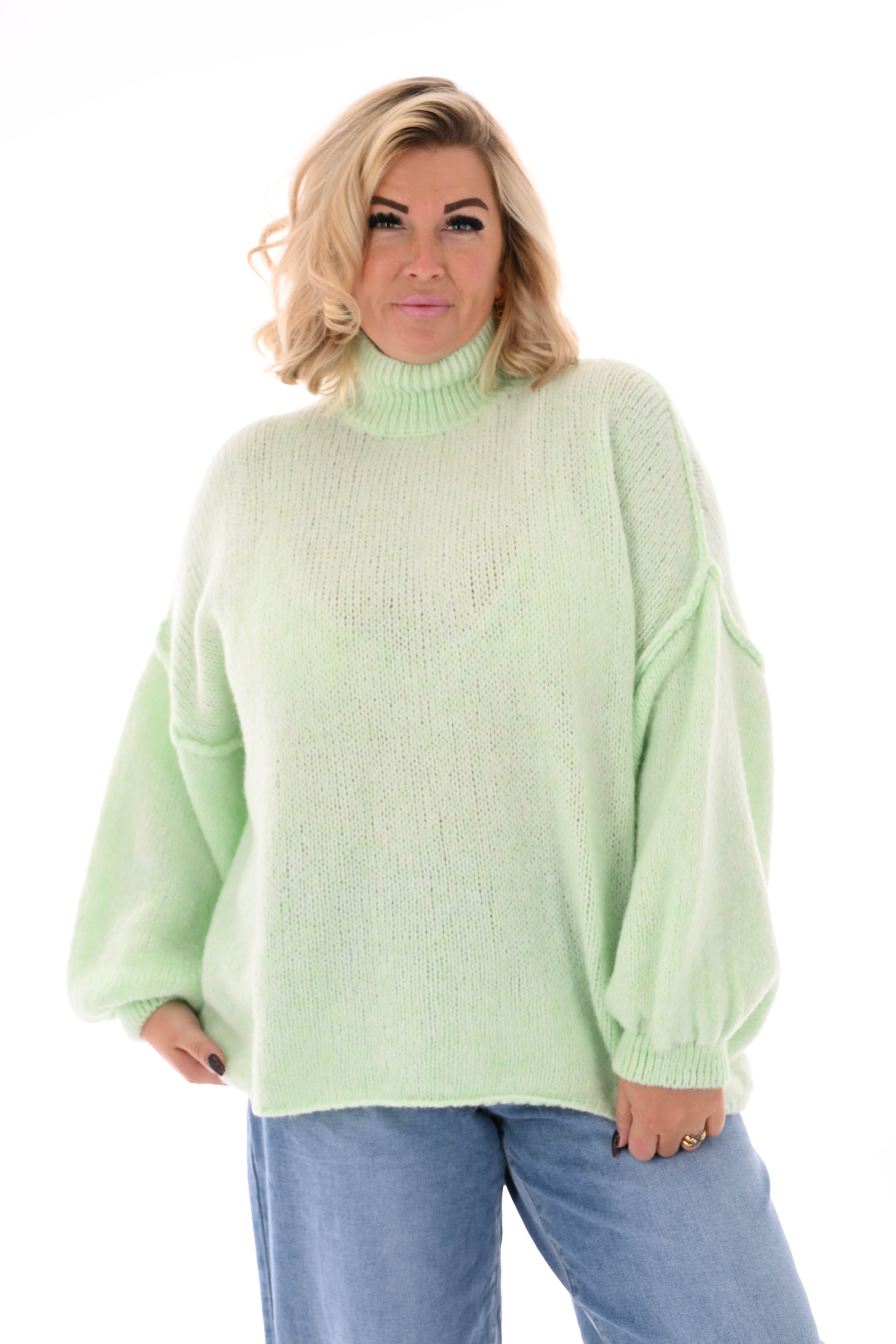 Gebreide trui turtle neck met pofmouwen mintgroen