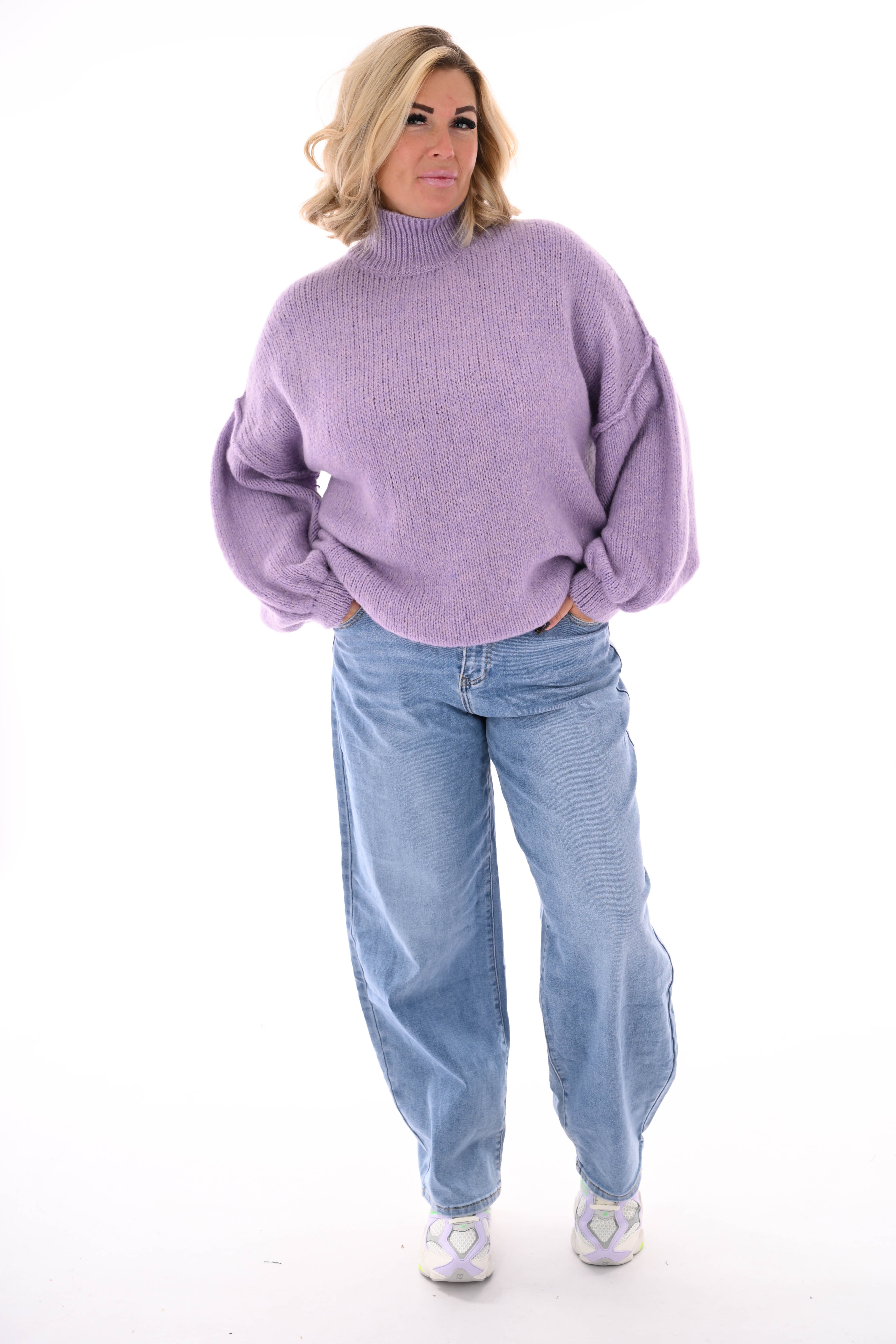 Gebreide trui turtle neck met pofmouwen lila