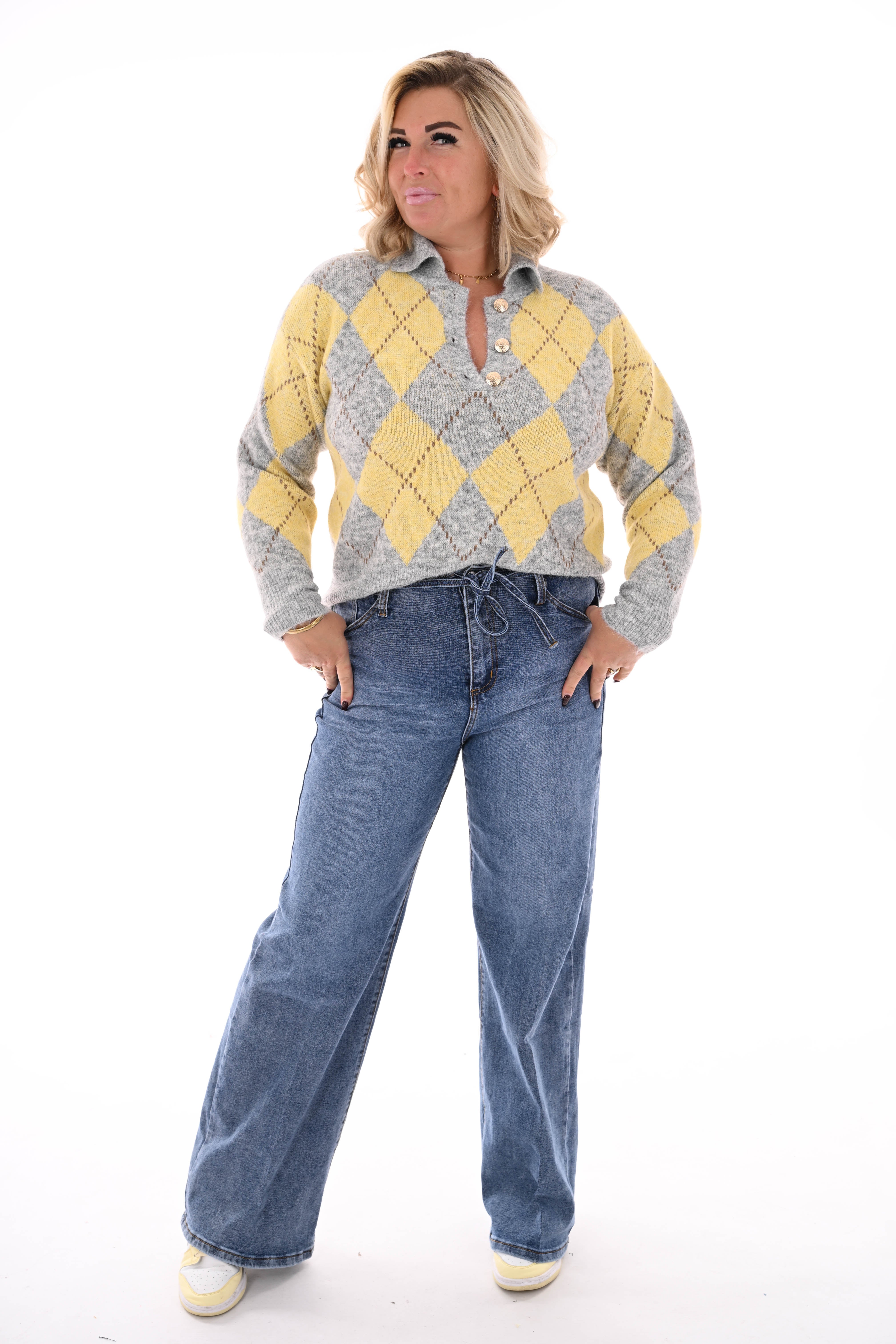 Trui ruiten met kraag grijs