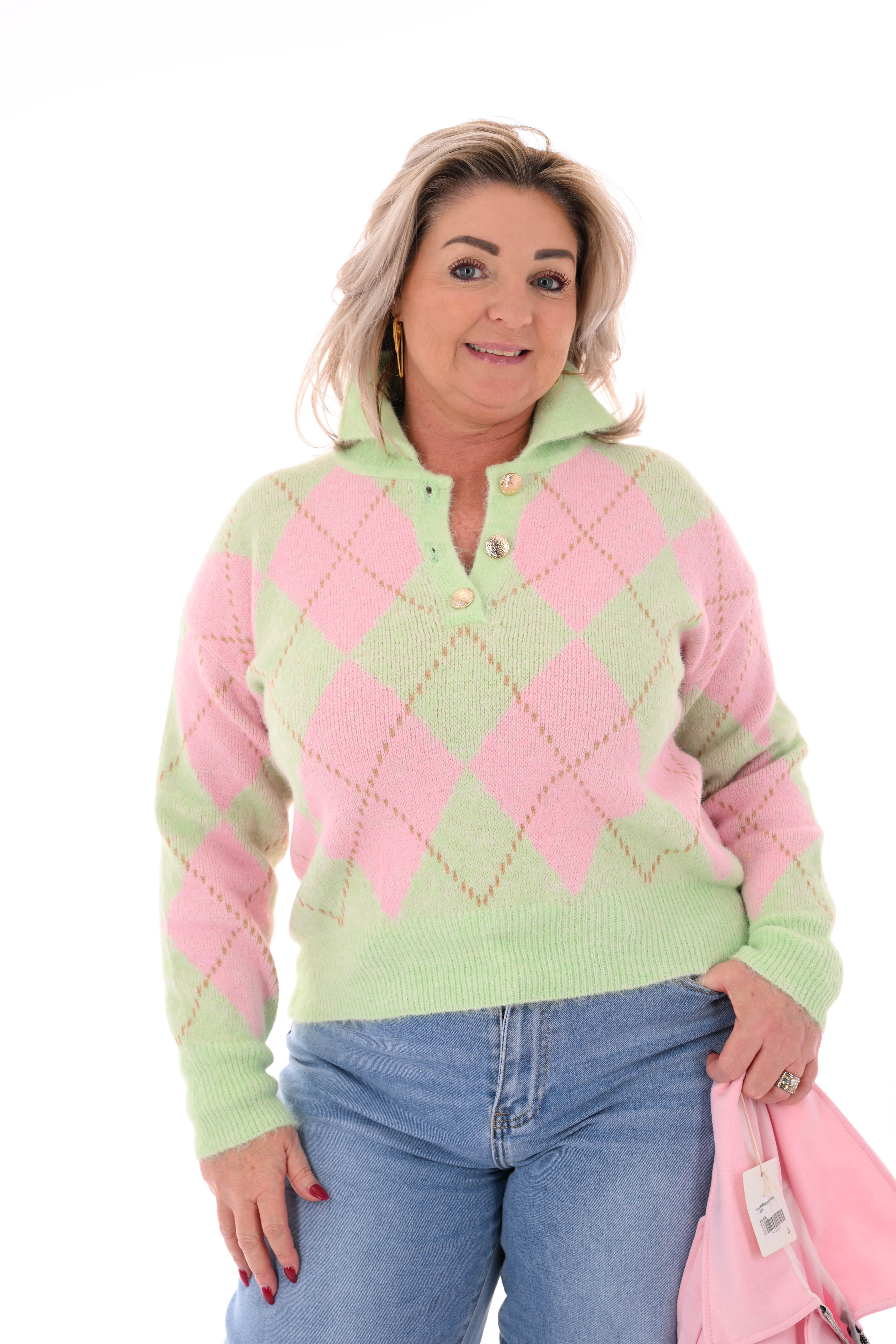 Trui ruiten met kraag lichtgroen