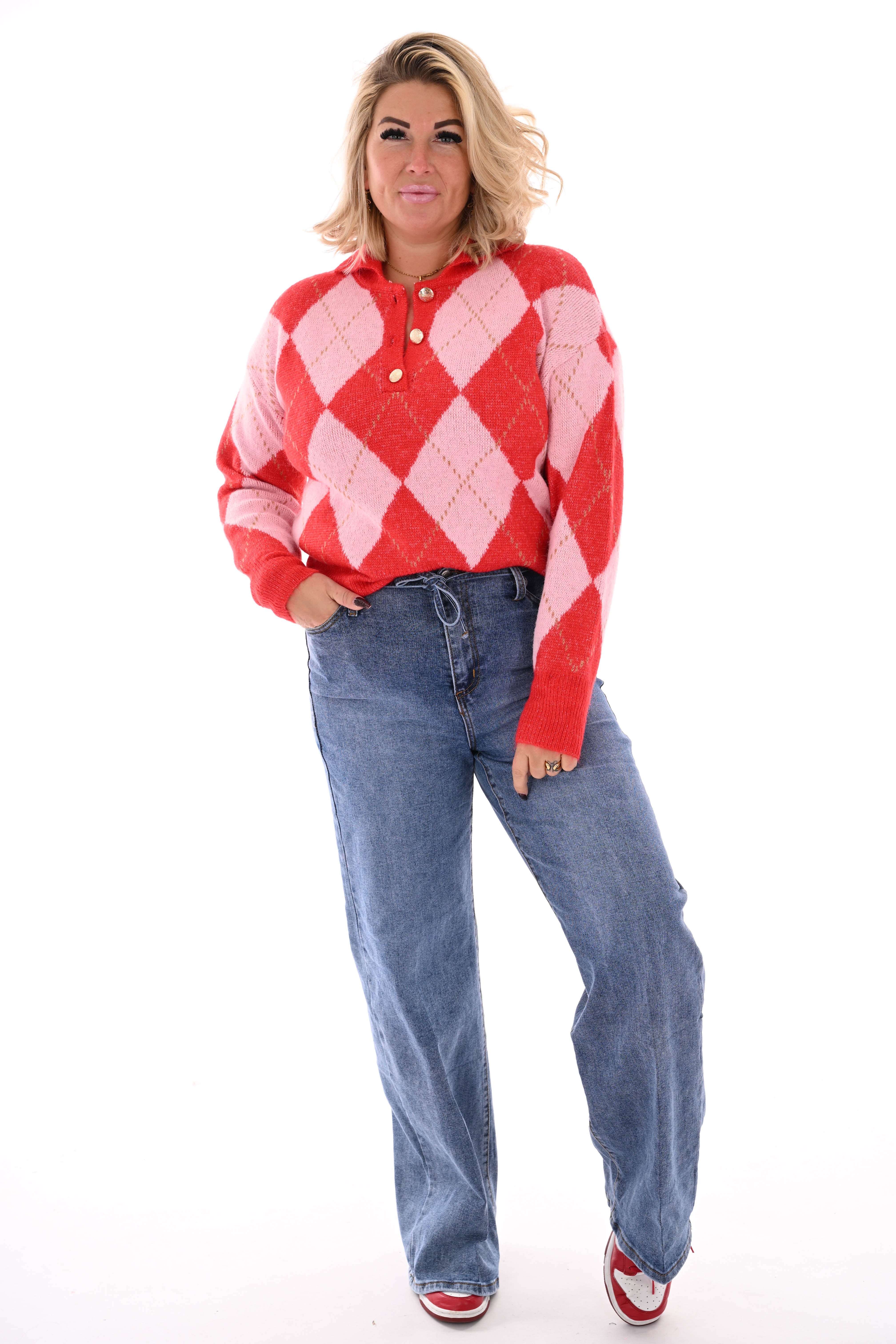 Trui ruiten met kraag rood