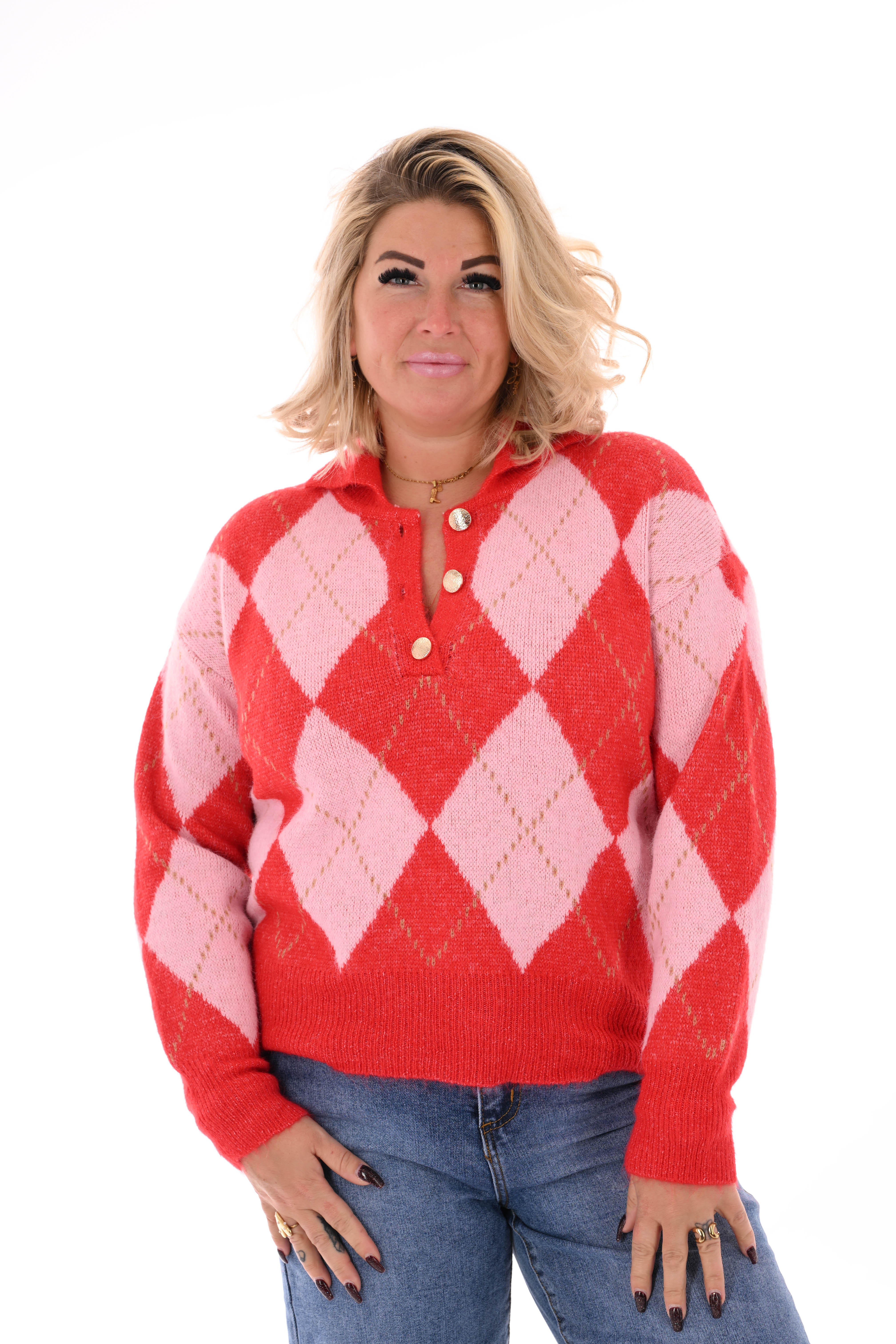 Trui ruiten met kraag rood