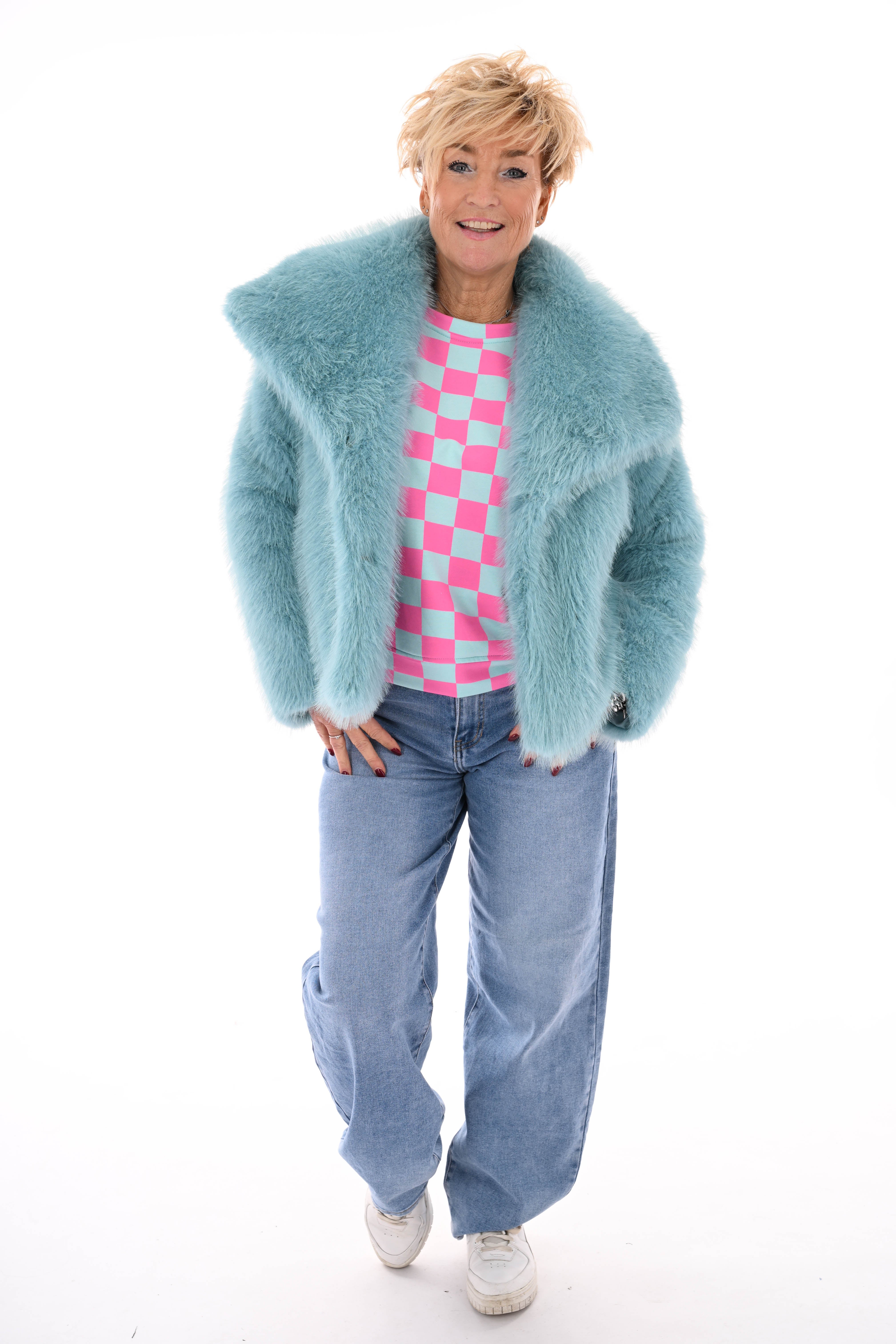 Geblokte sweater lichtblauw/roze