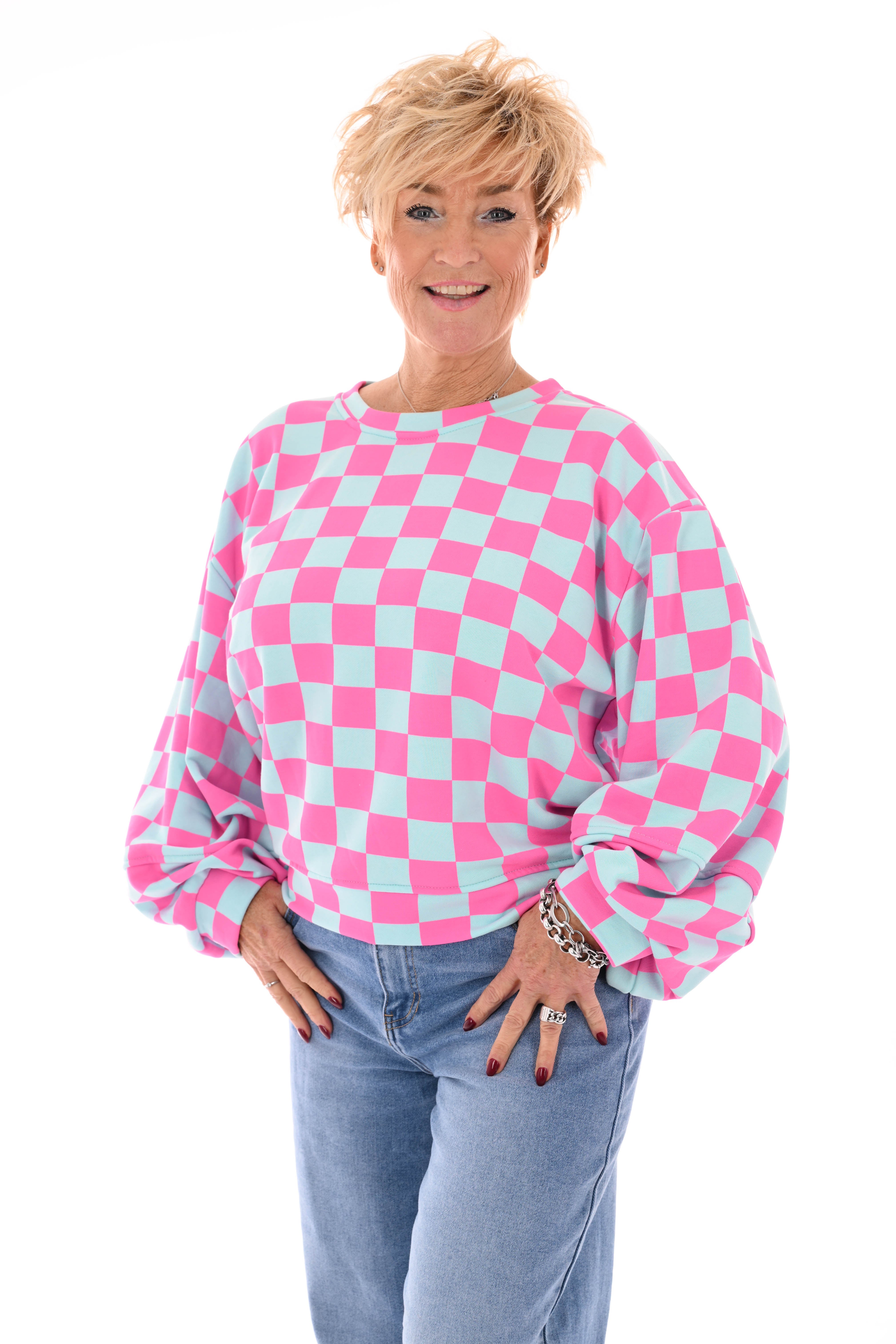 Geblokte sweater lichtblauw/roze