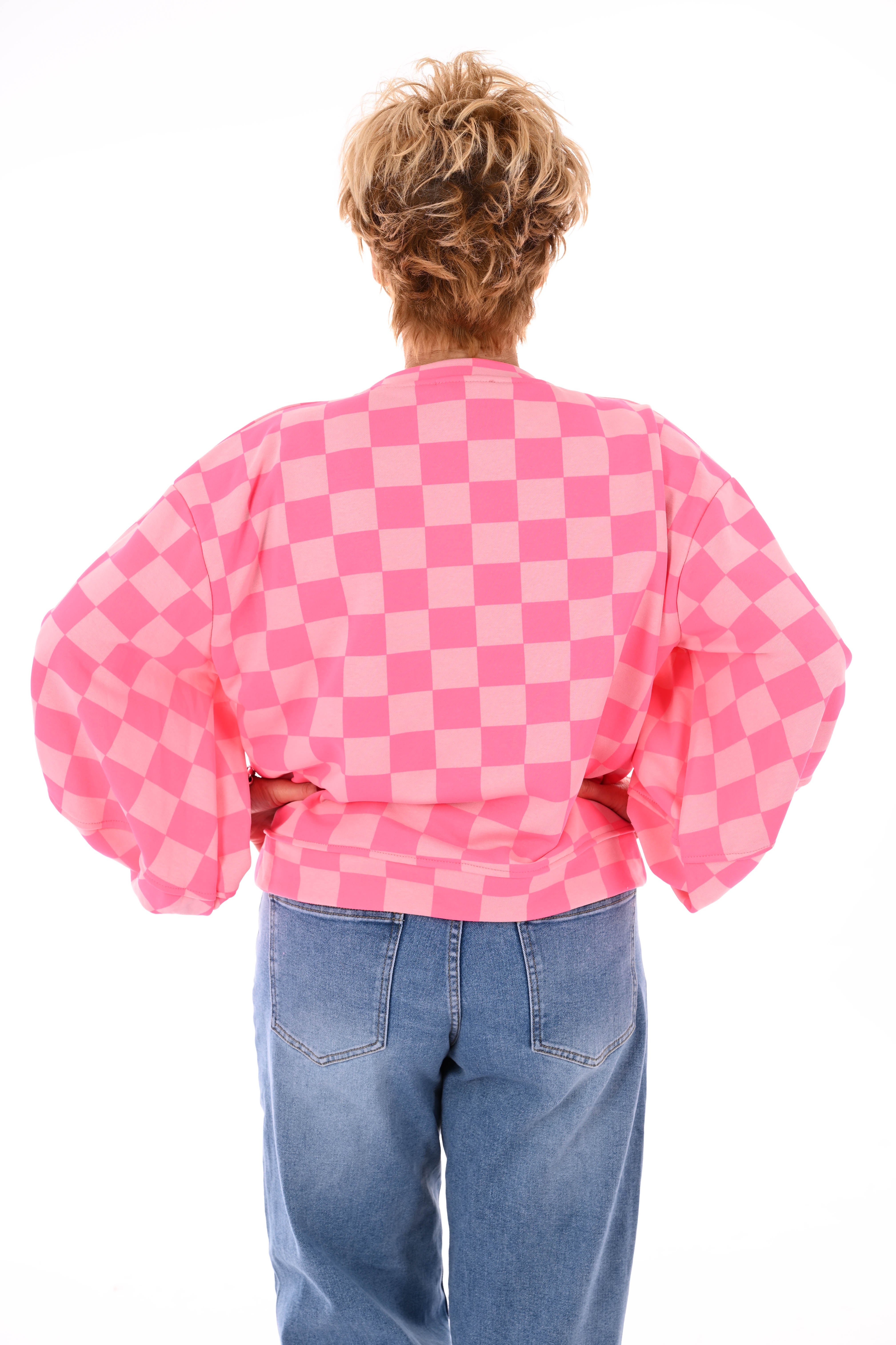 Geblokte sweater lichtroze/felroze