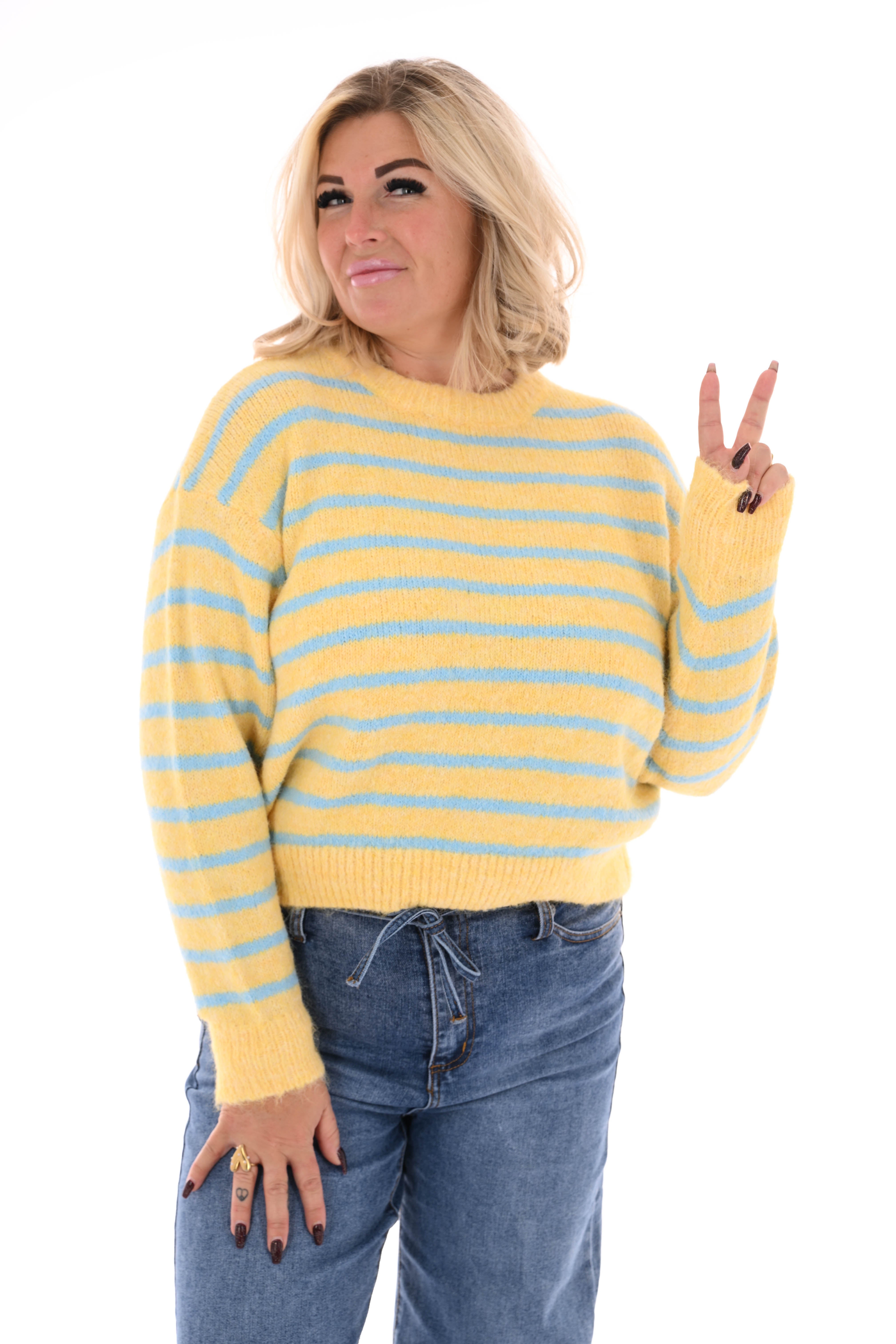 Fijn gebreide trui met strepen ronde hals geel