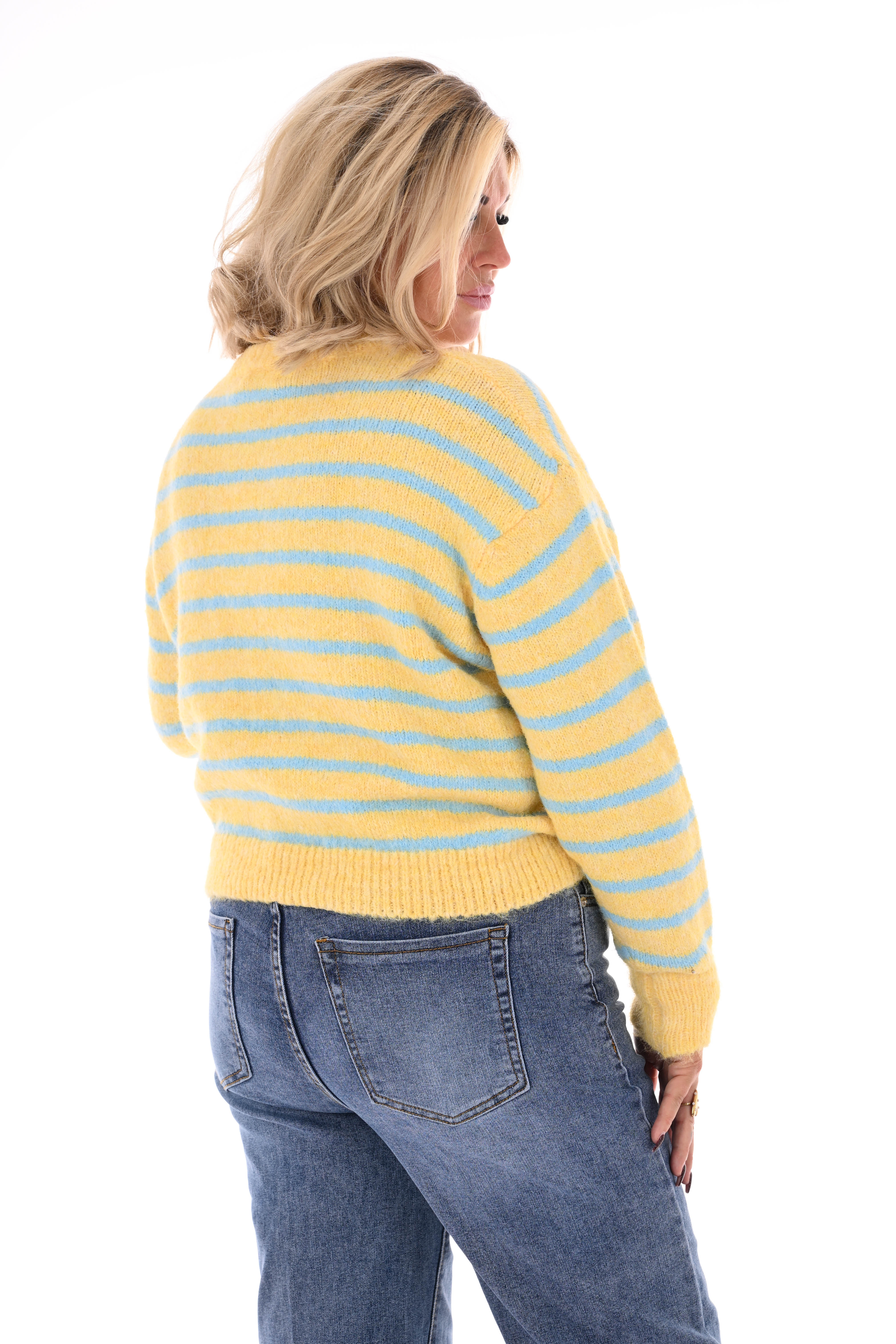 Fijn gebreide trui met strepen ronde hals geel