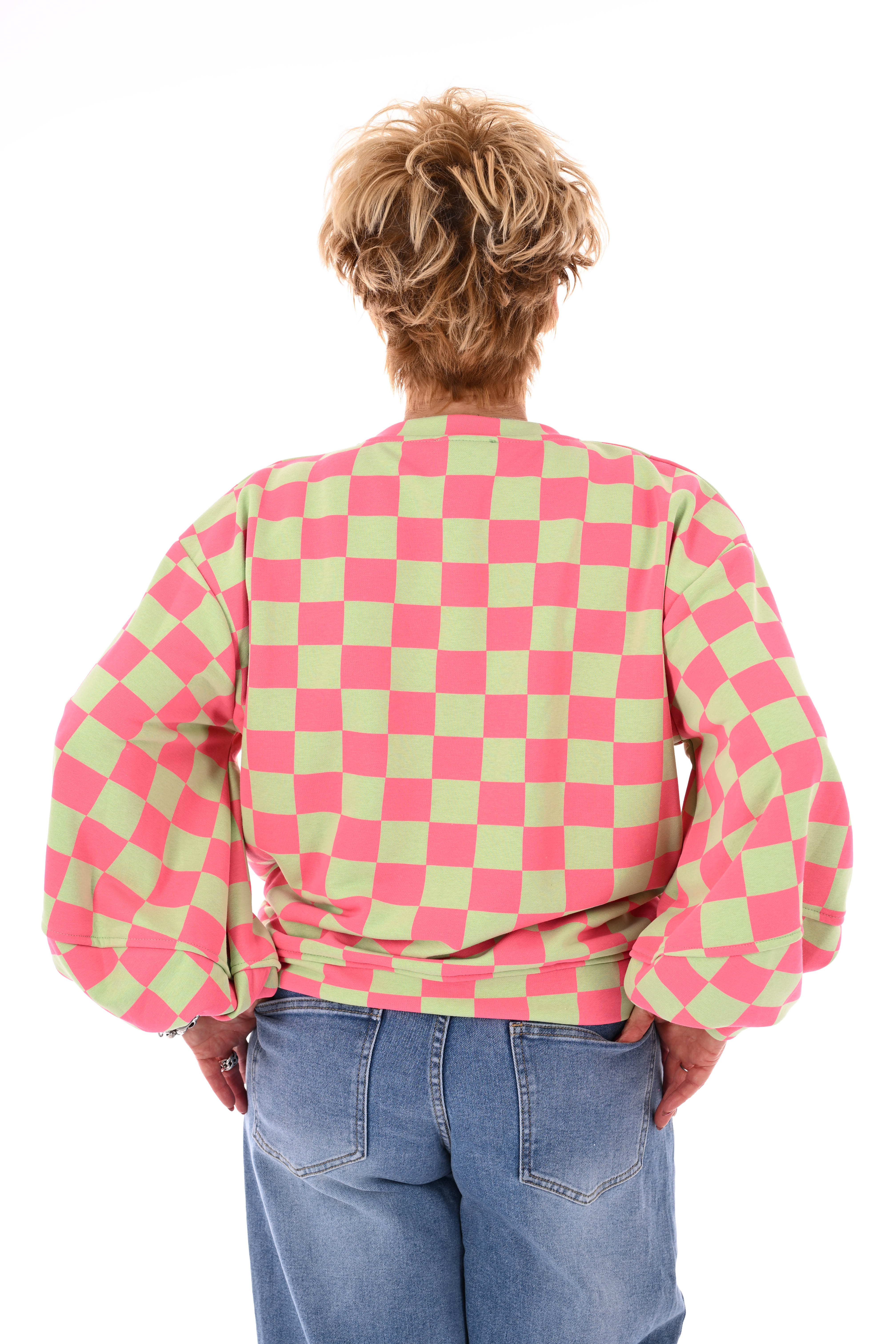 Geblokte sweater roze/lichtgroen