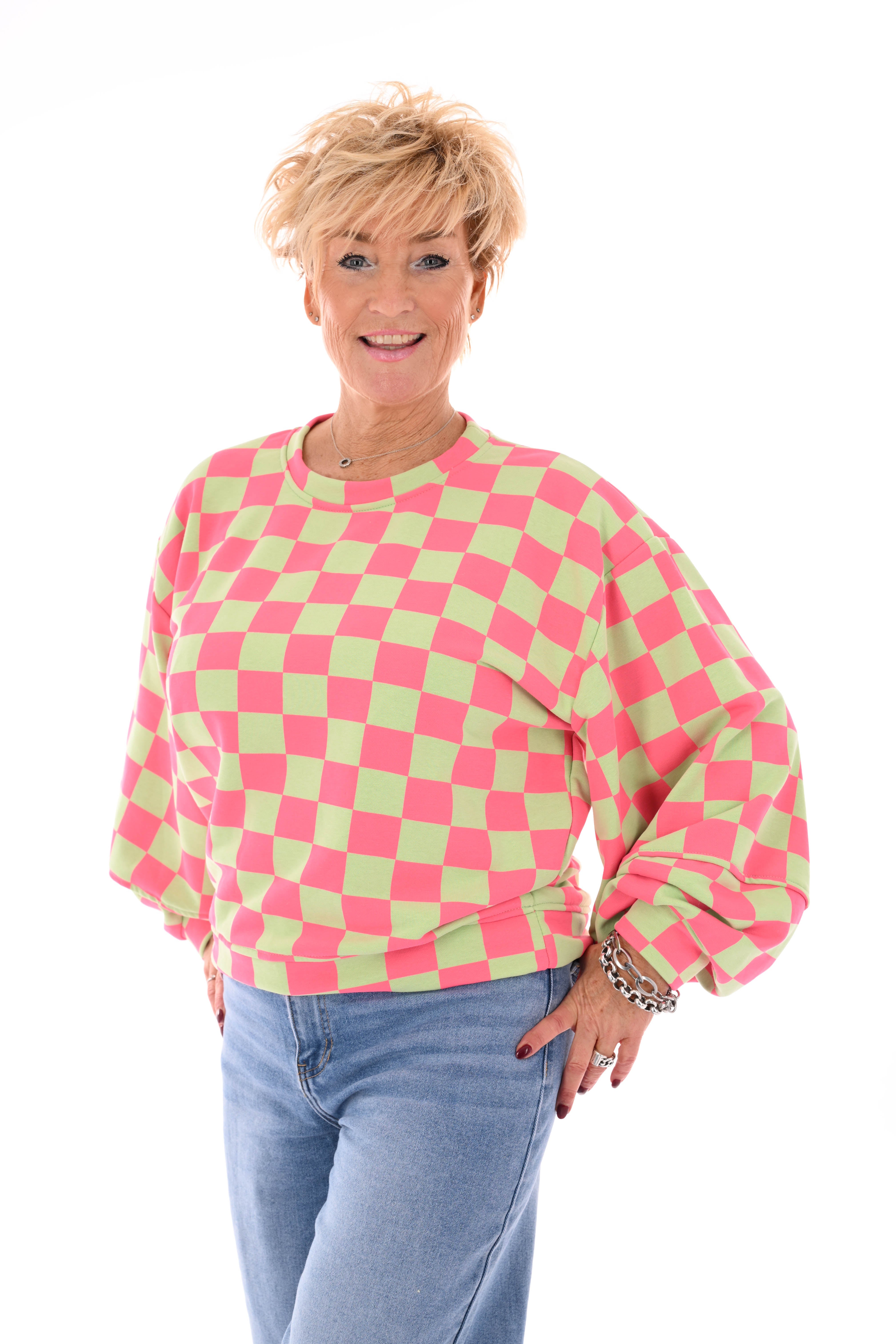 Geblokte sweater roze/lichtgroen