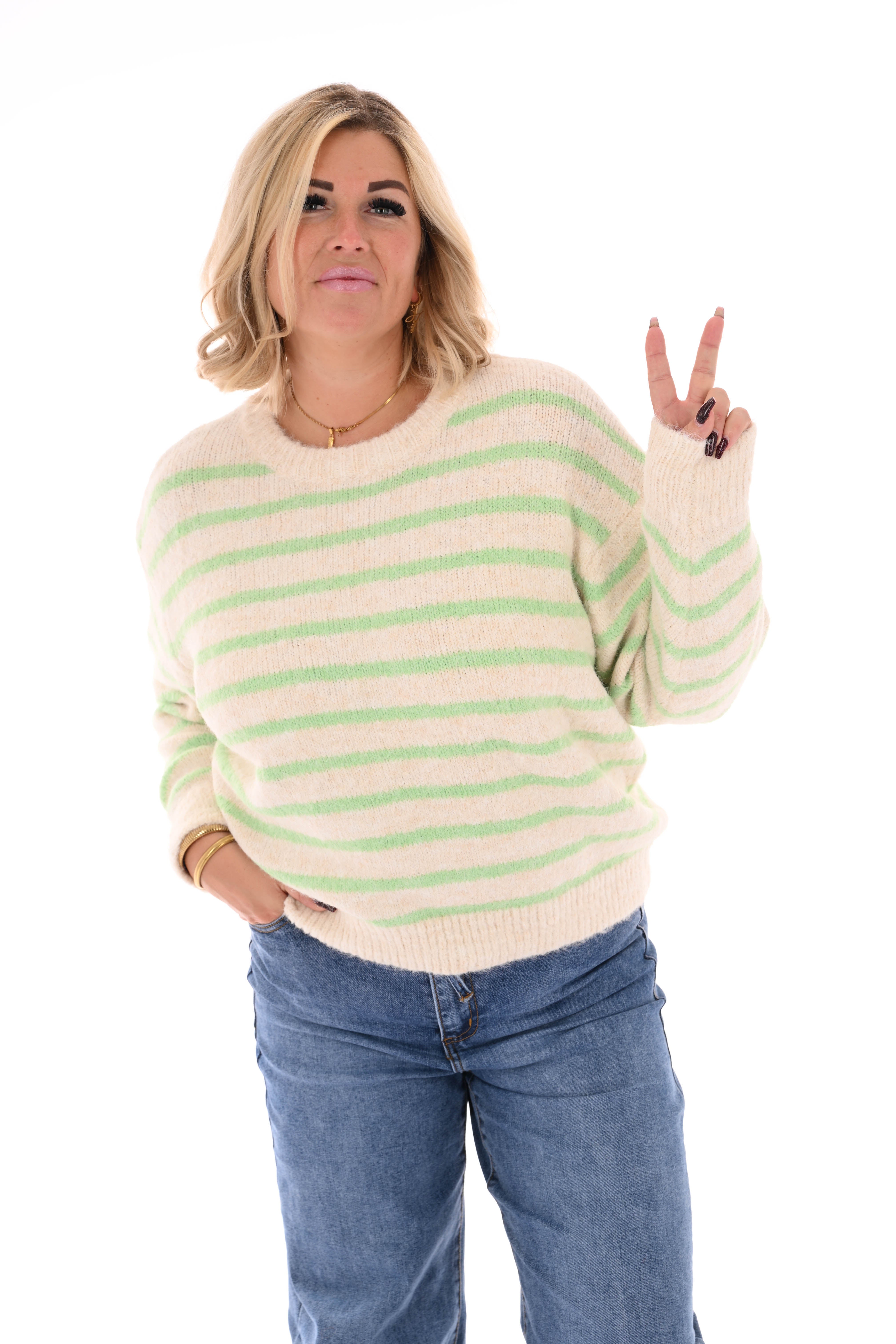 Fijn gebreide trui met strepen ronde hals creme