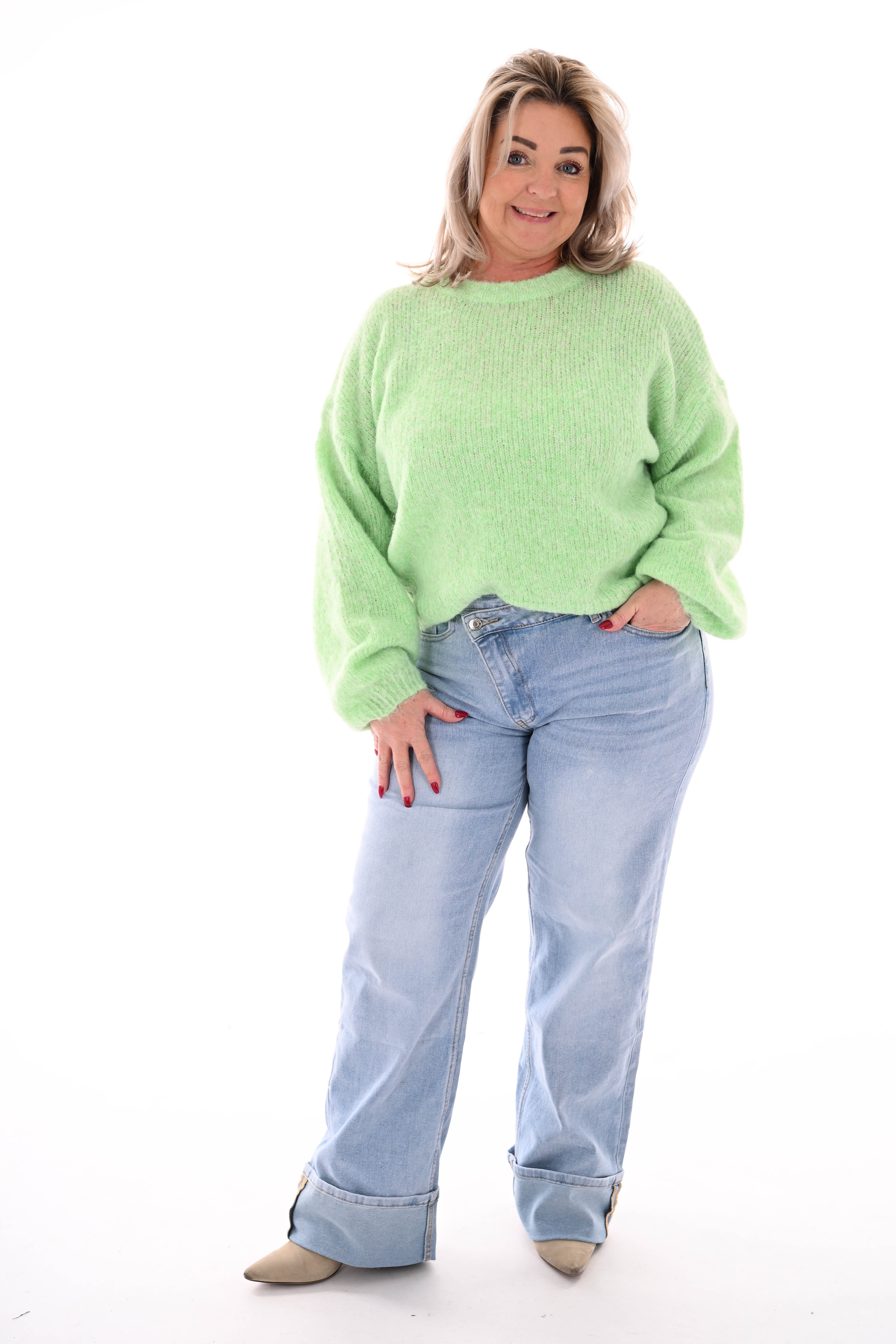 Fijn gebreide trui pofmouwen lichtgroen