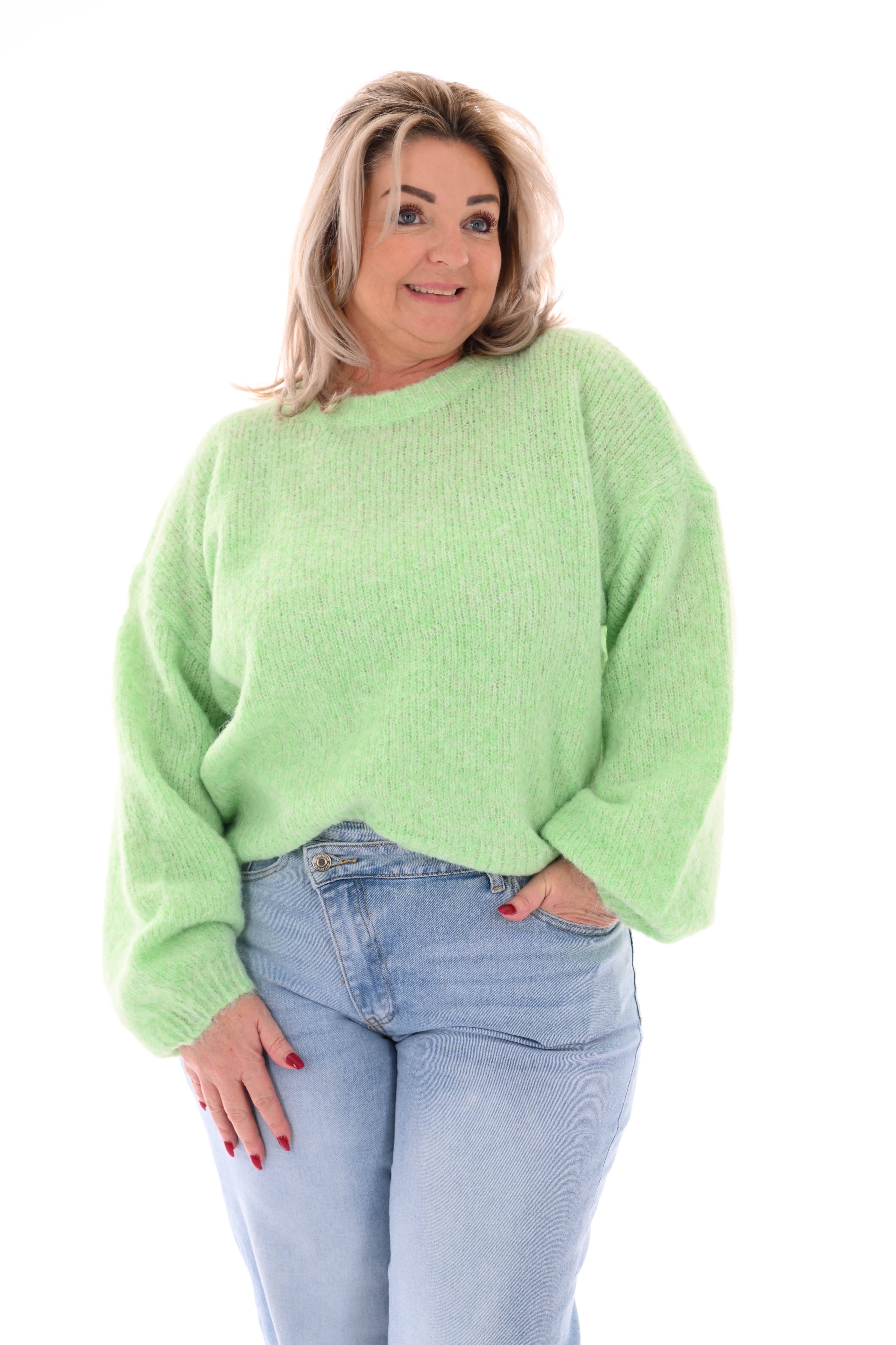 Fijn gebreide trui pofmouwen lichtgroen