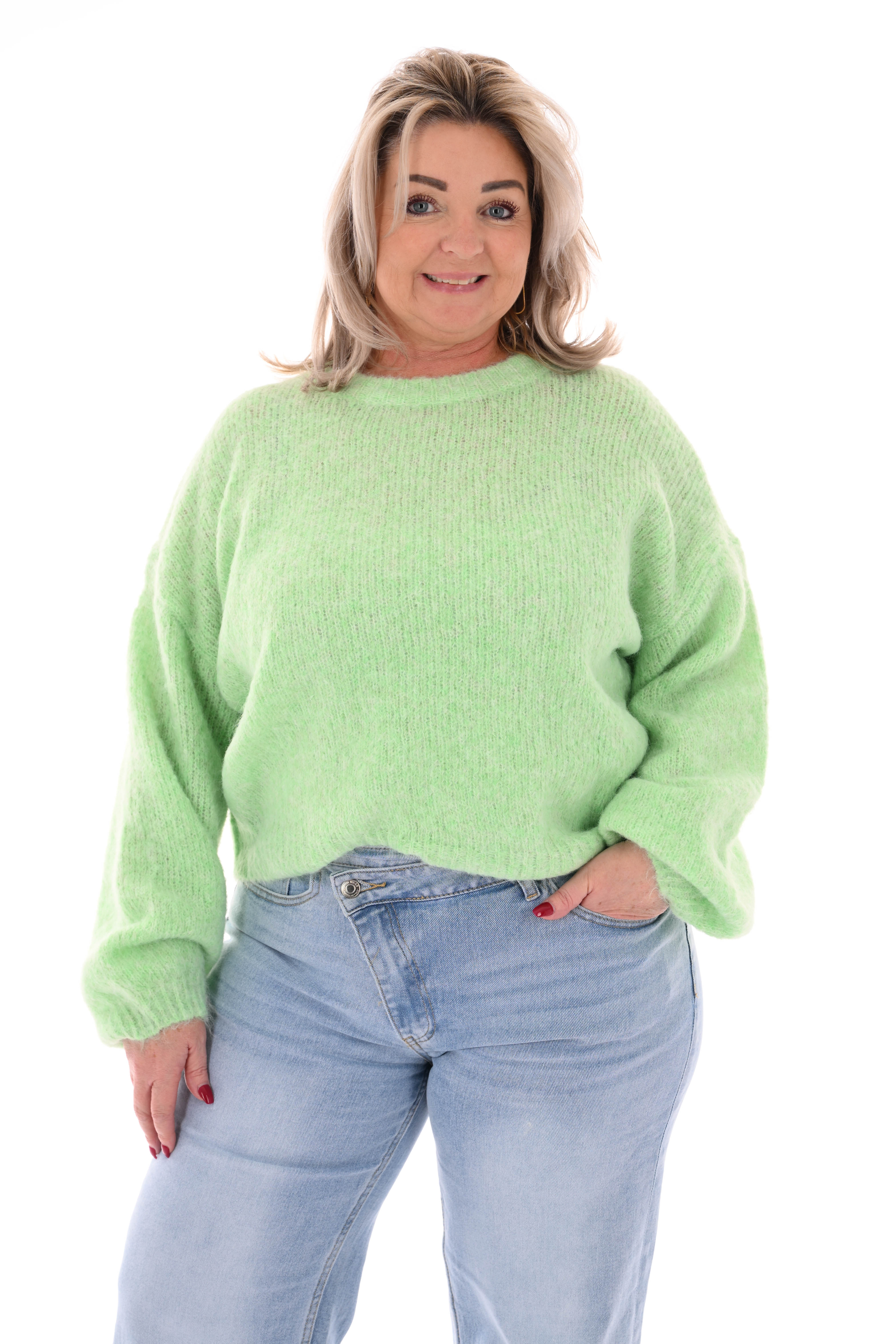 Fijn gebreide trui pofmouwen lichtgroen