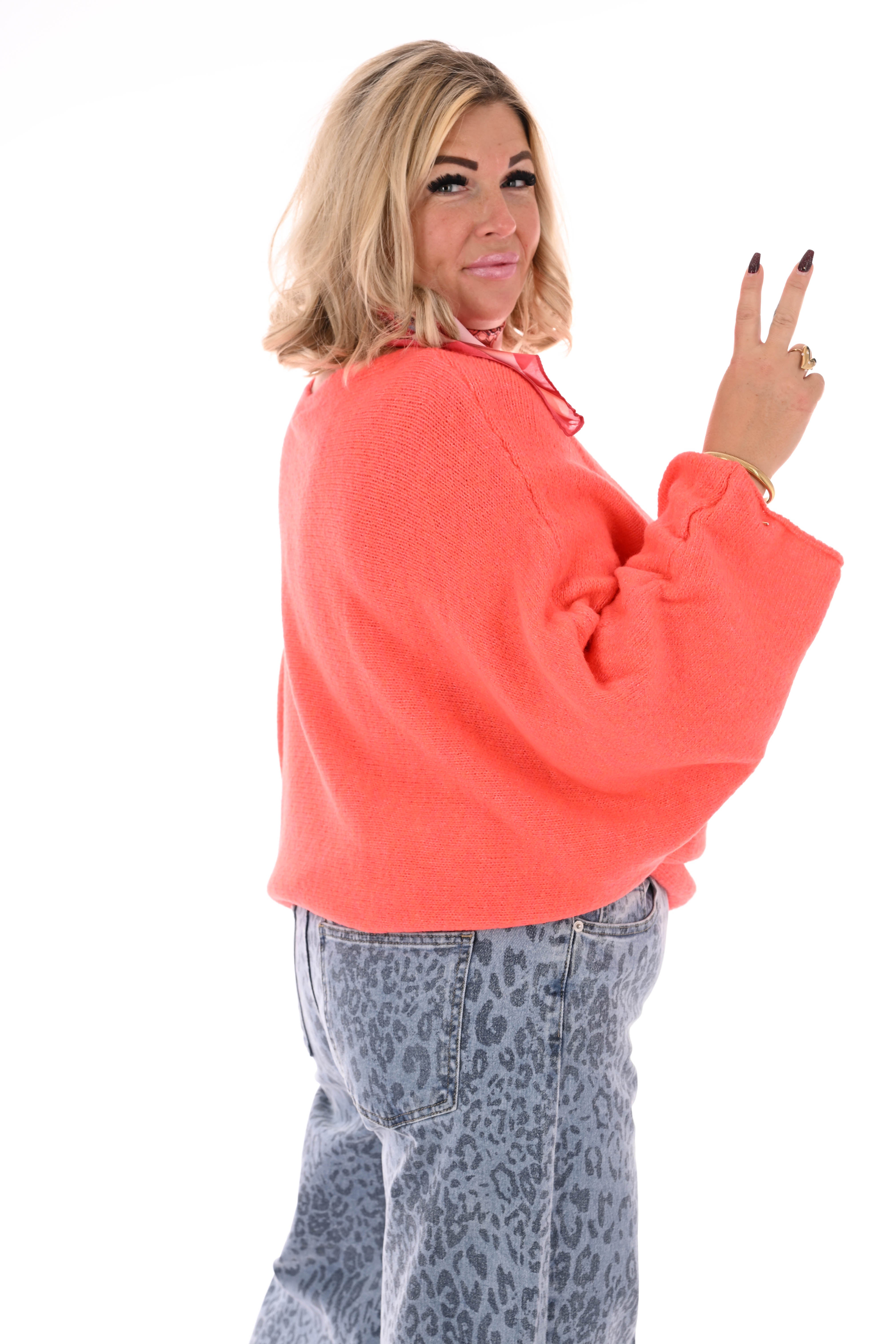 Fijn gebreide vleermuis trui uni oranje