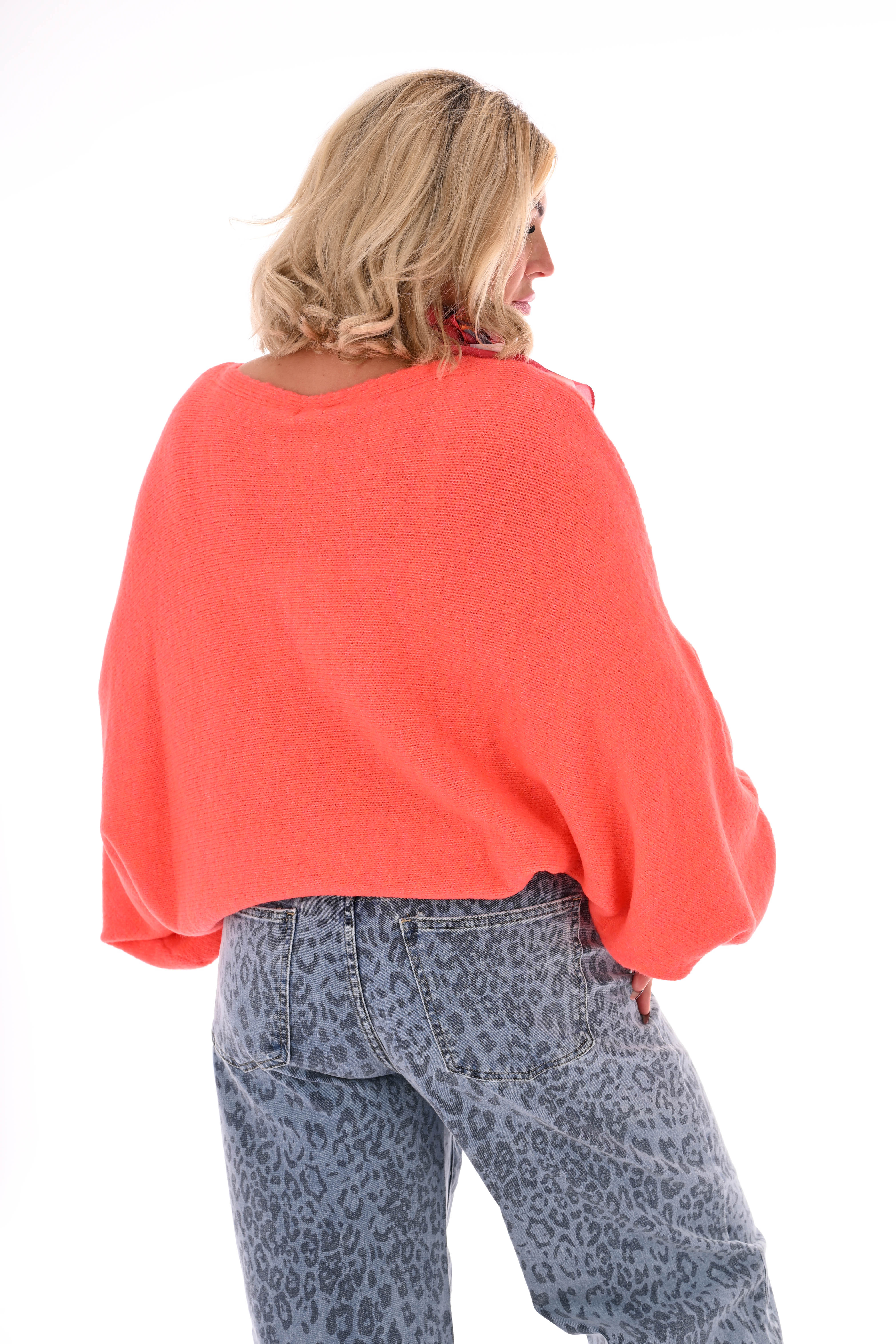 Fijn gebreide vleermuis trui uni oranje