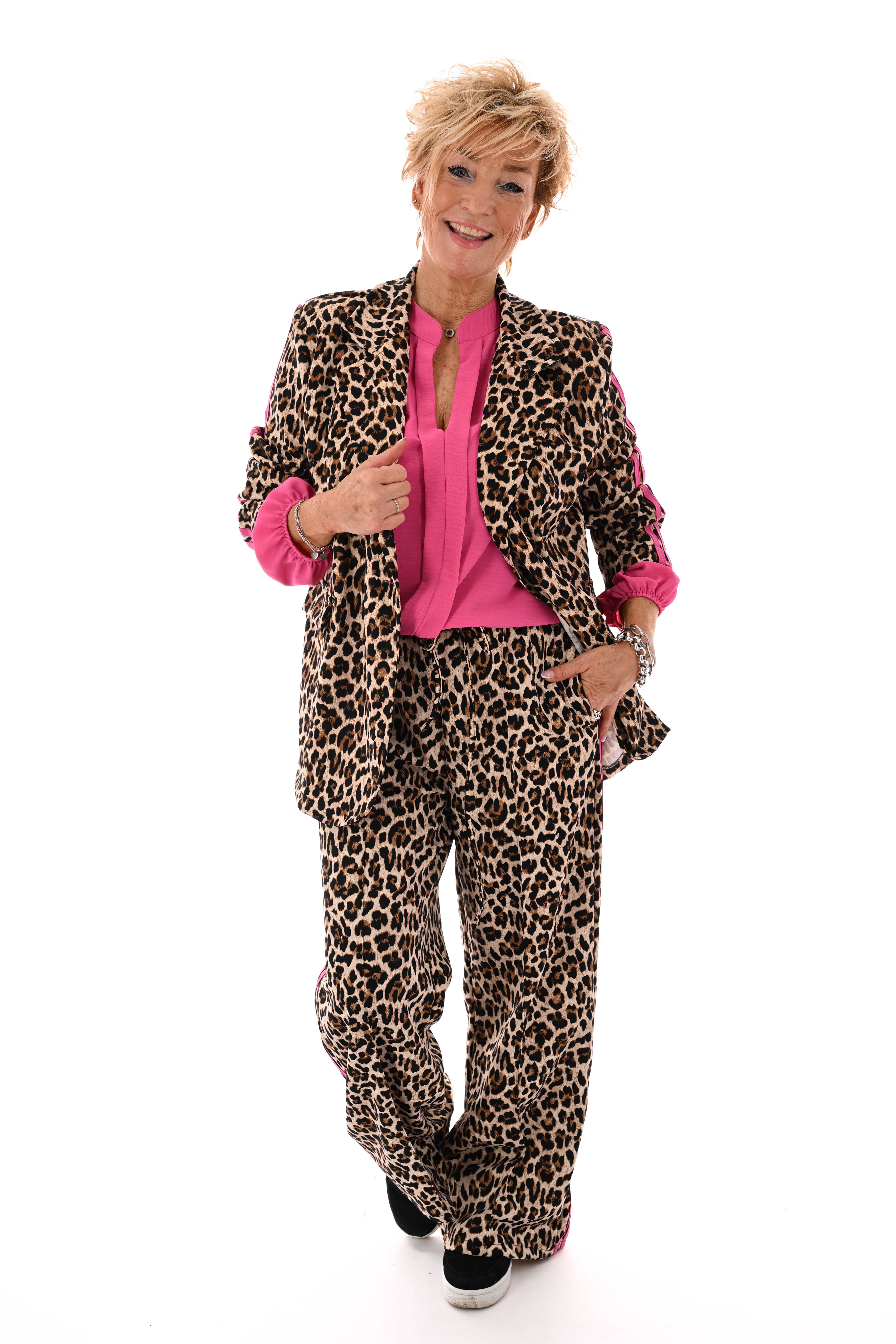 Tweedelig blazerpak panter met bies roze